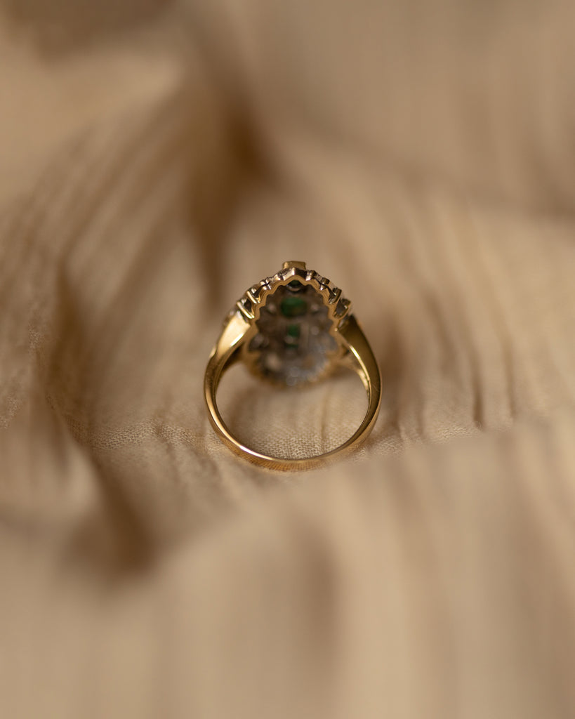 Marina Vintage 14ct Gold Emerald & Diamond Navette Ring