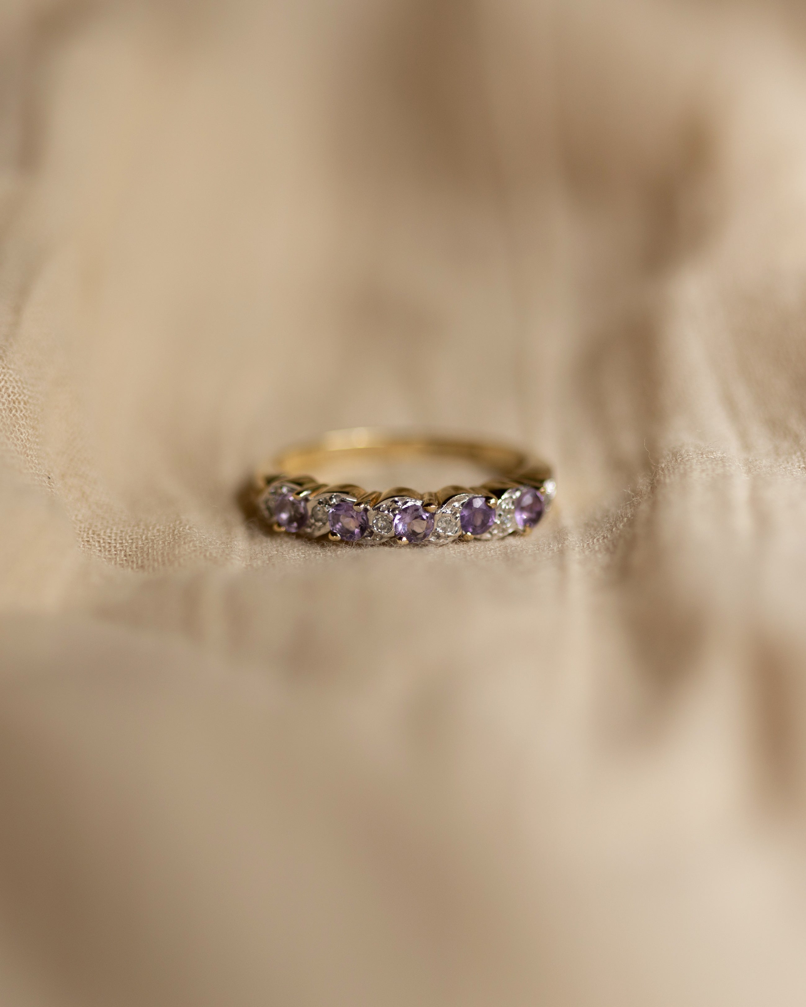 Image of Isabella 1977 Vintage 9ct Gold Amethyst & Diamond Half Eternity Ring