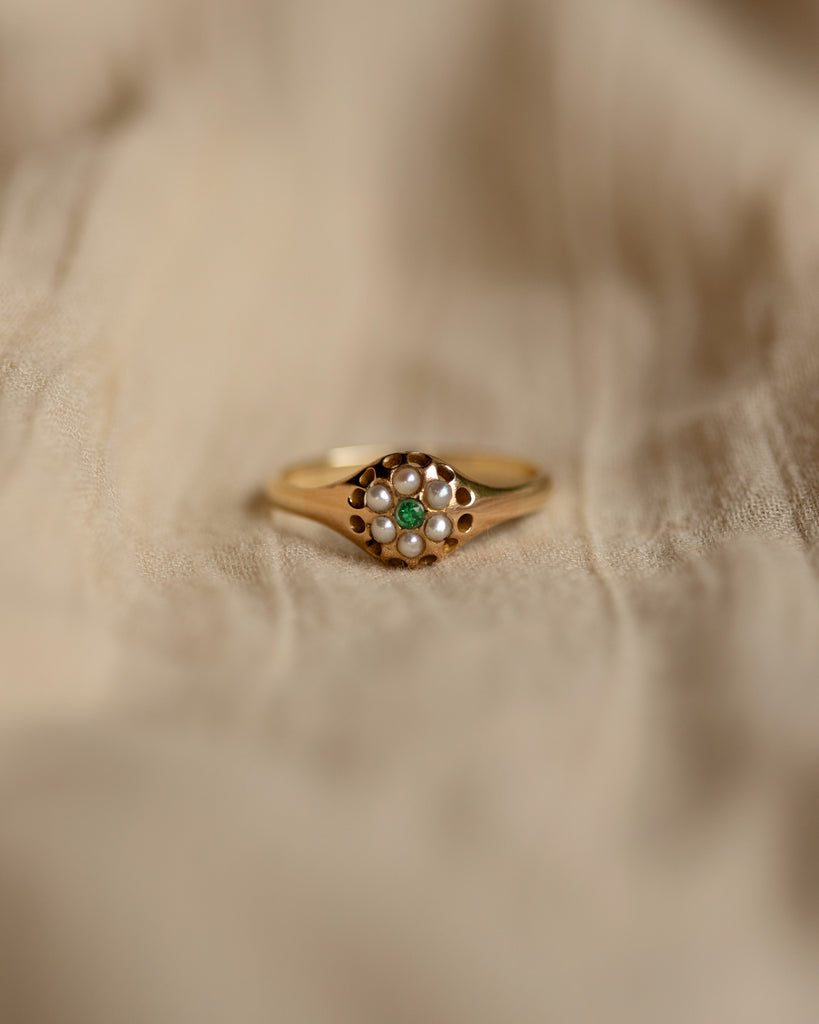 Mable Antique 9ct Gold Emerald & Pearl Daisy Cluster Ring