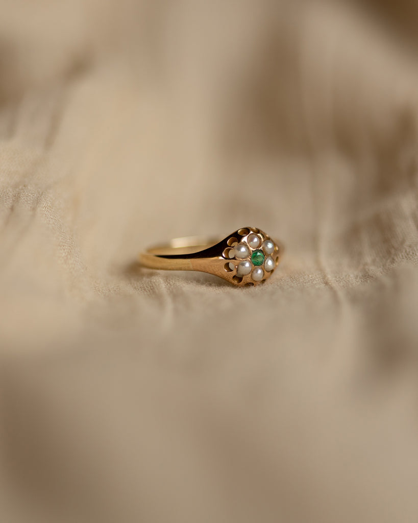 Mable Antique 9ct Gold Emerald & Pearl Daisy Cluster Ring