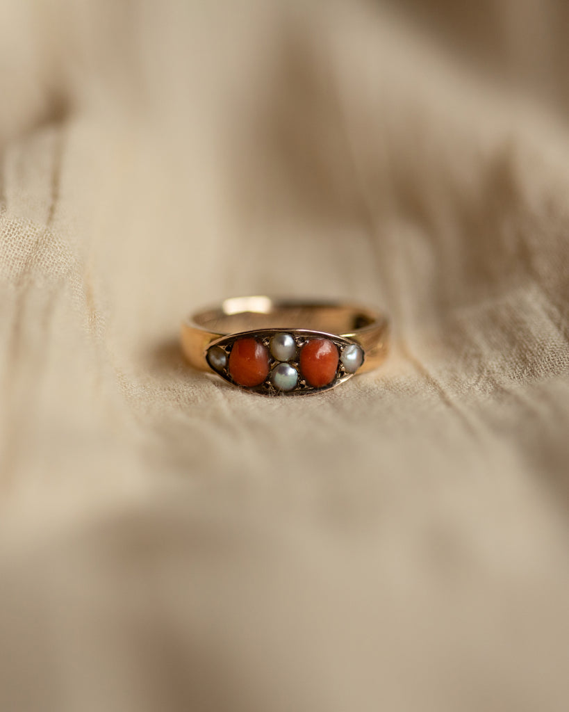 Blanch Antique Victorian 9ct Gold Coral & Pearl Ring