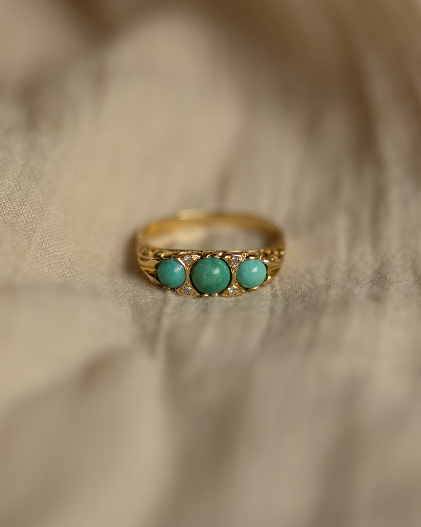 Irene 1975 Vintage 18ct Gold Turquoise & Diamond Trilogy Ring