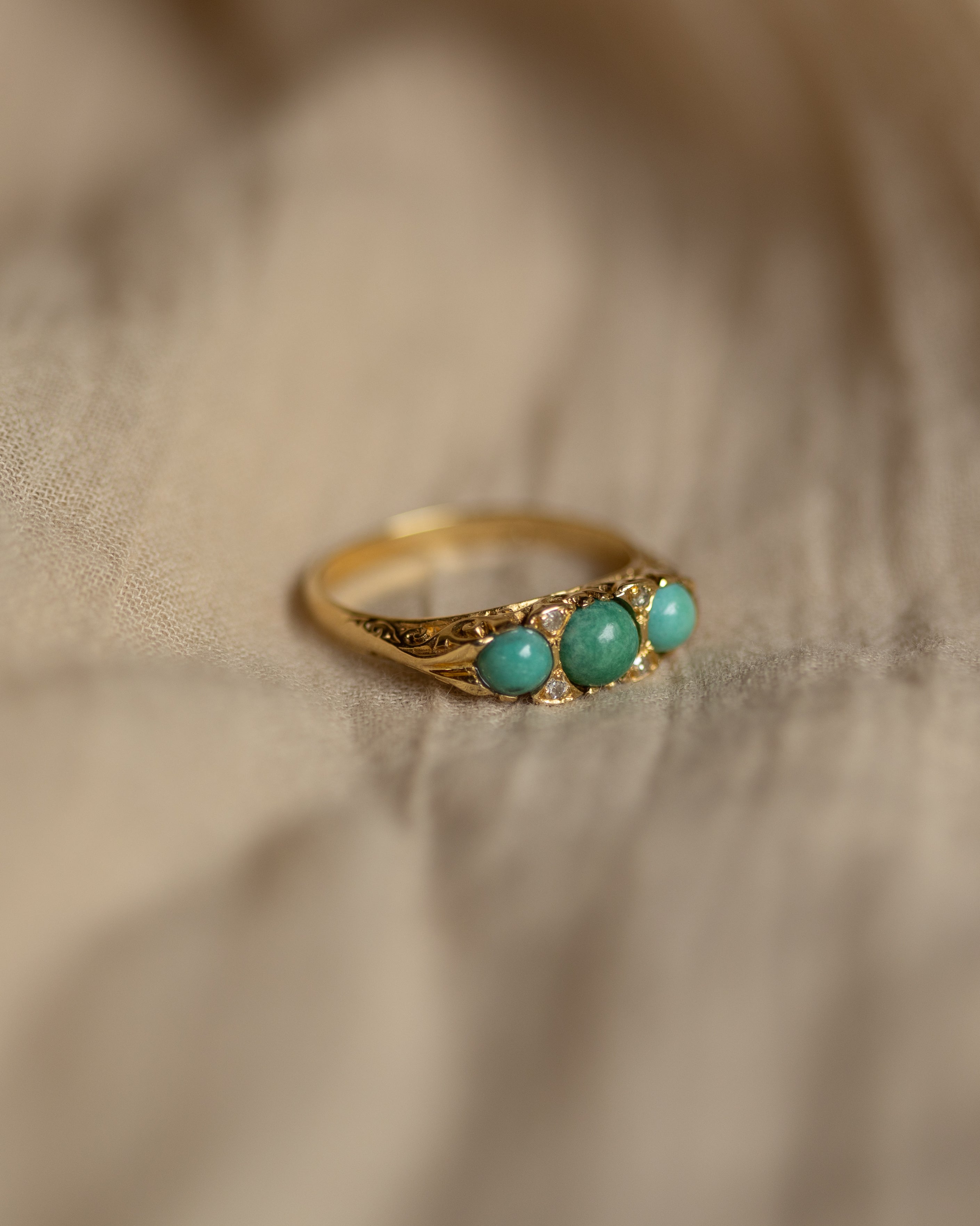 Irene 1975 Vintage 18ct Gold Turquoise & Diamond Trilogy Ring