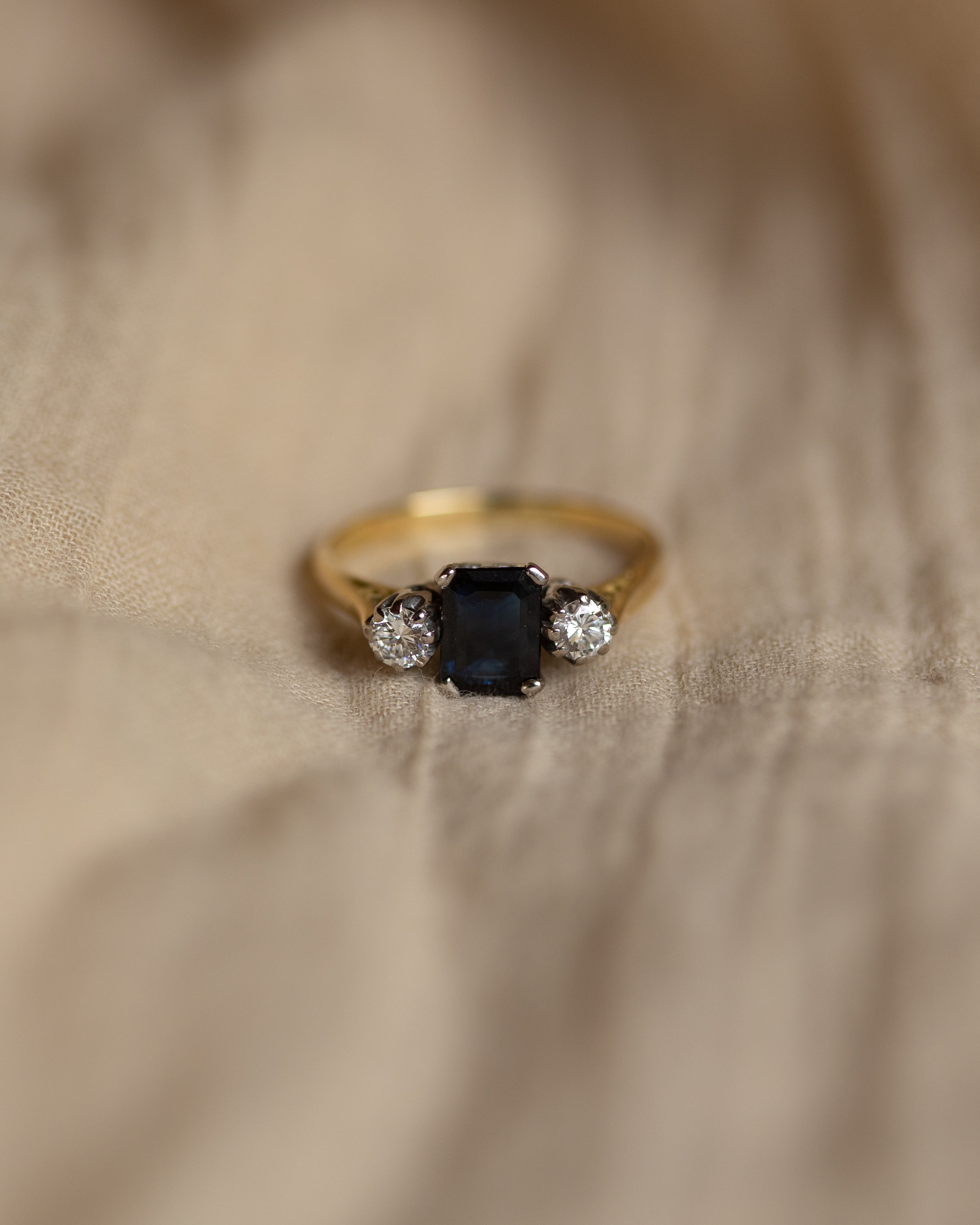 Image of Patience 1977 Vintage 18ct Gold Sapphire & Diamond Trilogy Ring