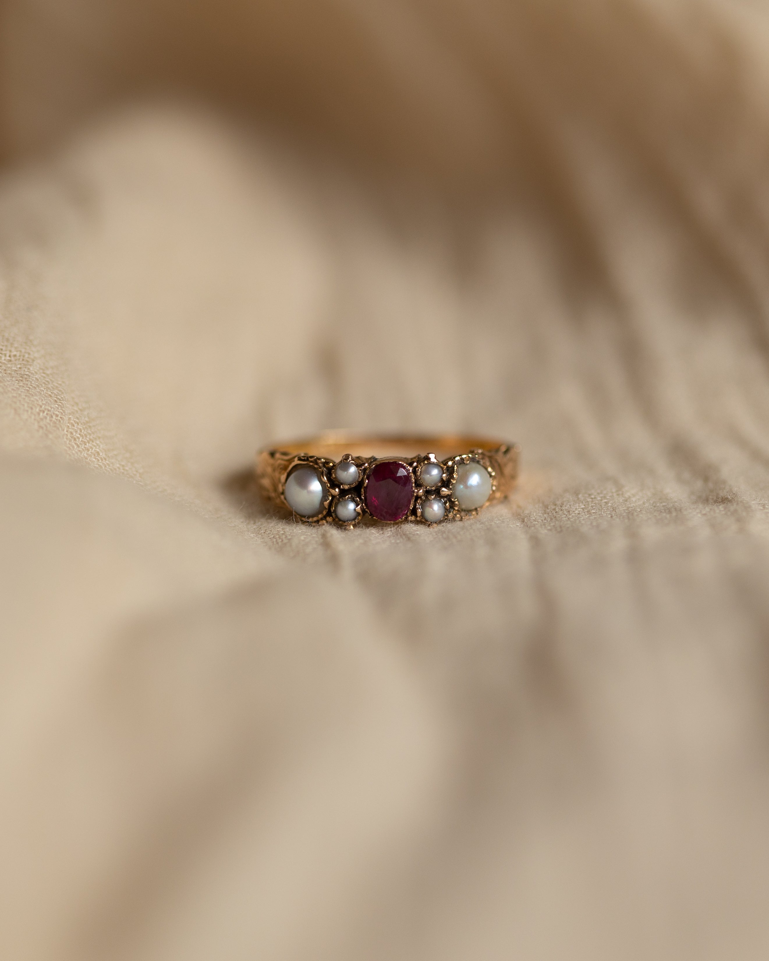 Marie Antique 9ct Gold Ruby & Pearl Seven Stone Ring