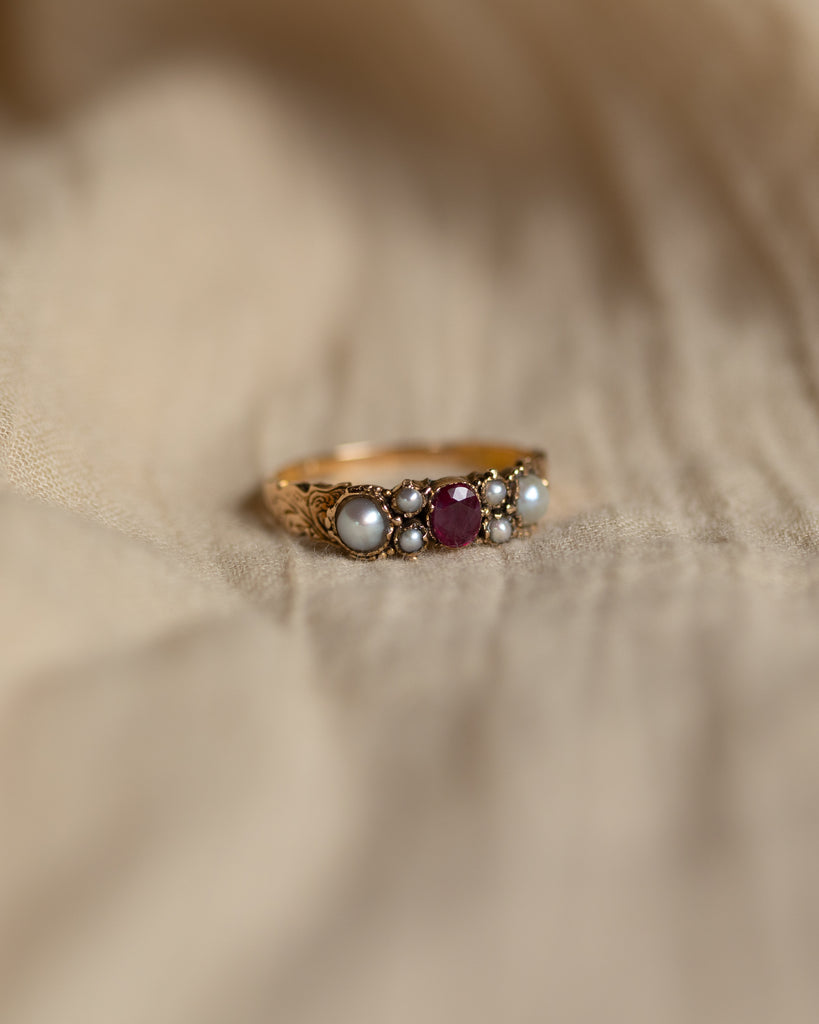 Marie Antique 9ct Gold Ruby & Pearl Seven Stone Ring