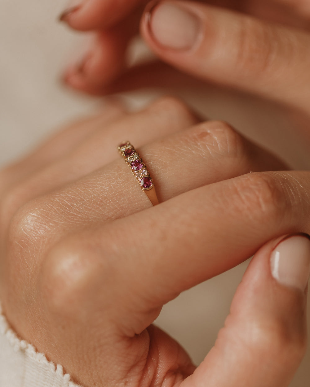 Rosalind 1989 Vintage 9ct Gold Ruby & Diamond Half Eternity Ring