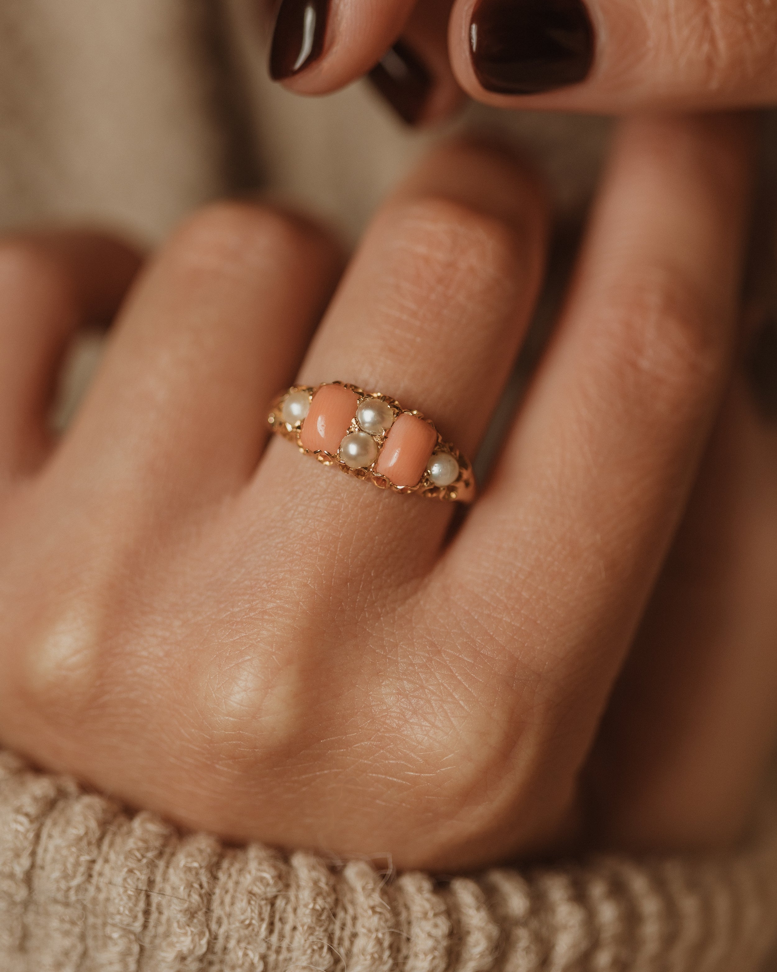 Image of Rosamund Antique 18ct Gold Coral & Pearl Six Stone Ring