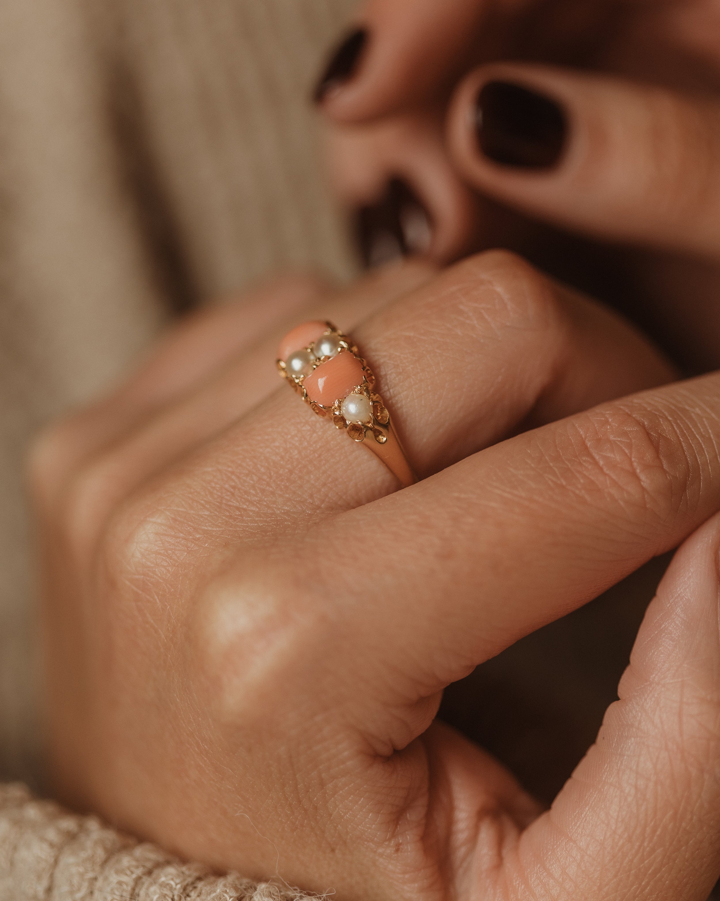 Rosamund Antique 18ct Gold Coral & Pearl Six Stone Ring