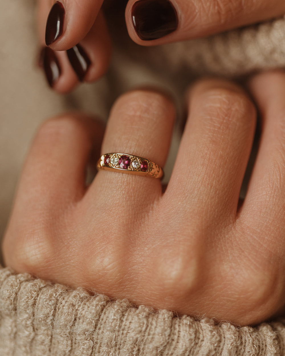 Flora 1911 Antique 18ct Gold Ruby & Diamond Five Stone Ring