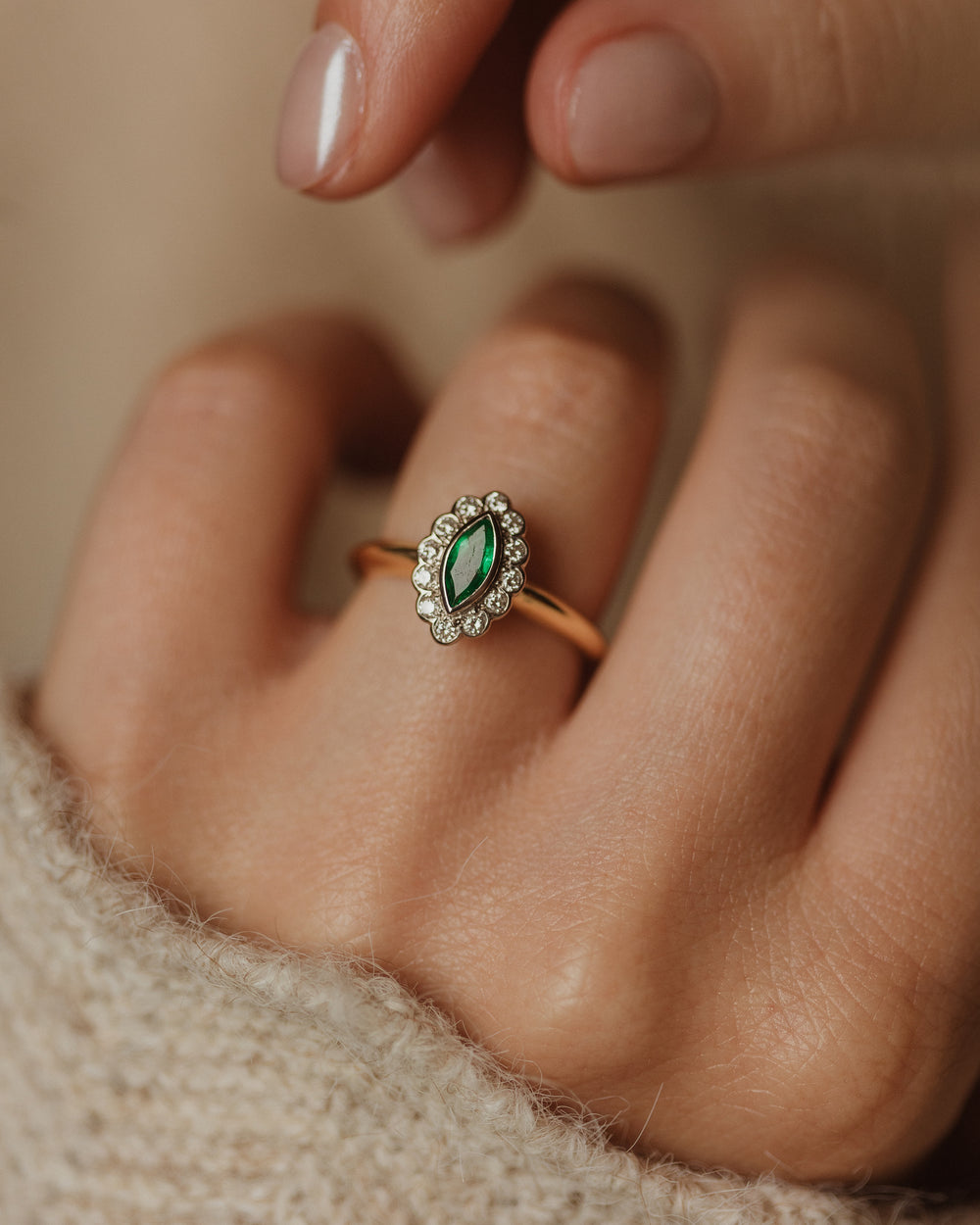 Delphine Vintage 18ct Gold Emerald & Diamond Marquise Cluster Ring