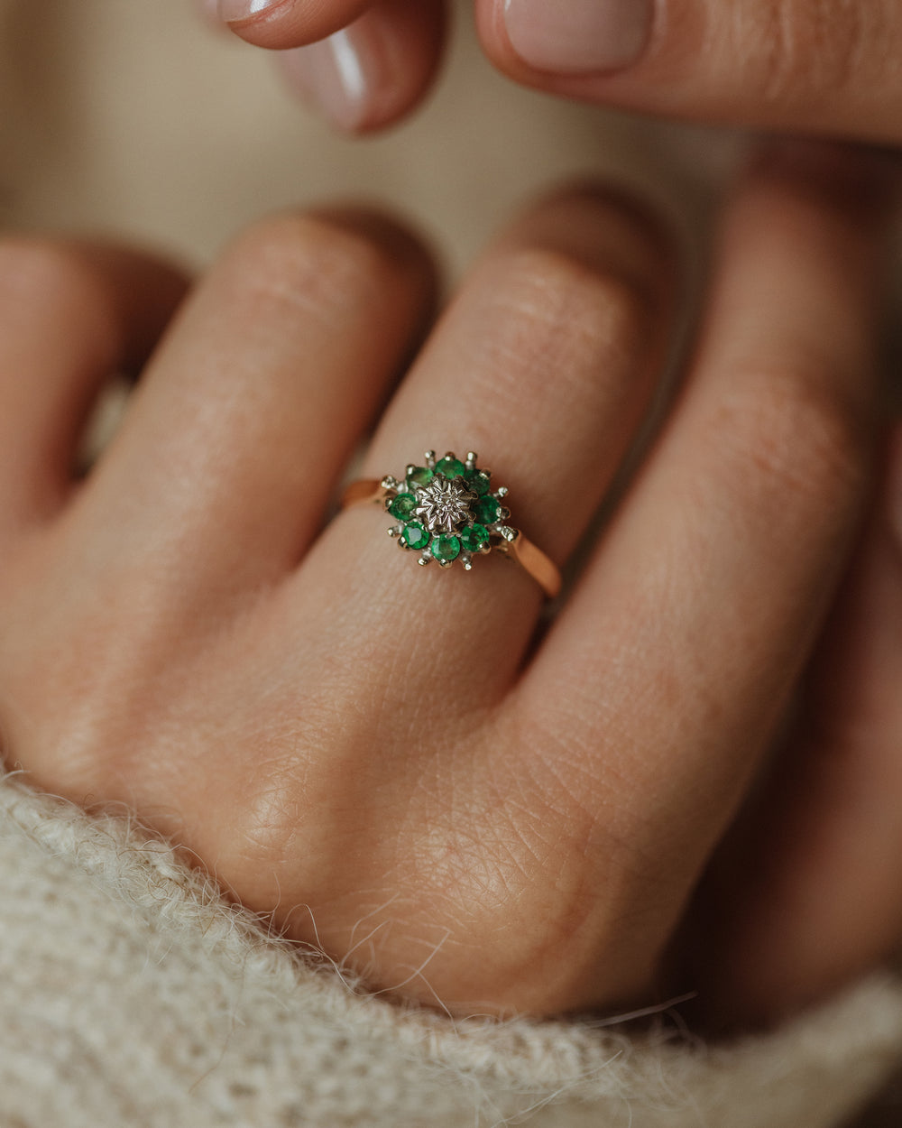 Harriet 1979 Vintage 9ct Gold Emerald & Diamond Cluster Ring