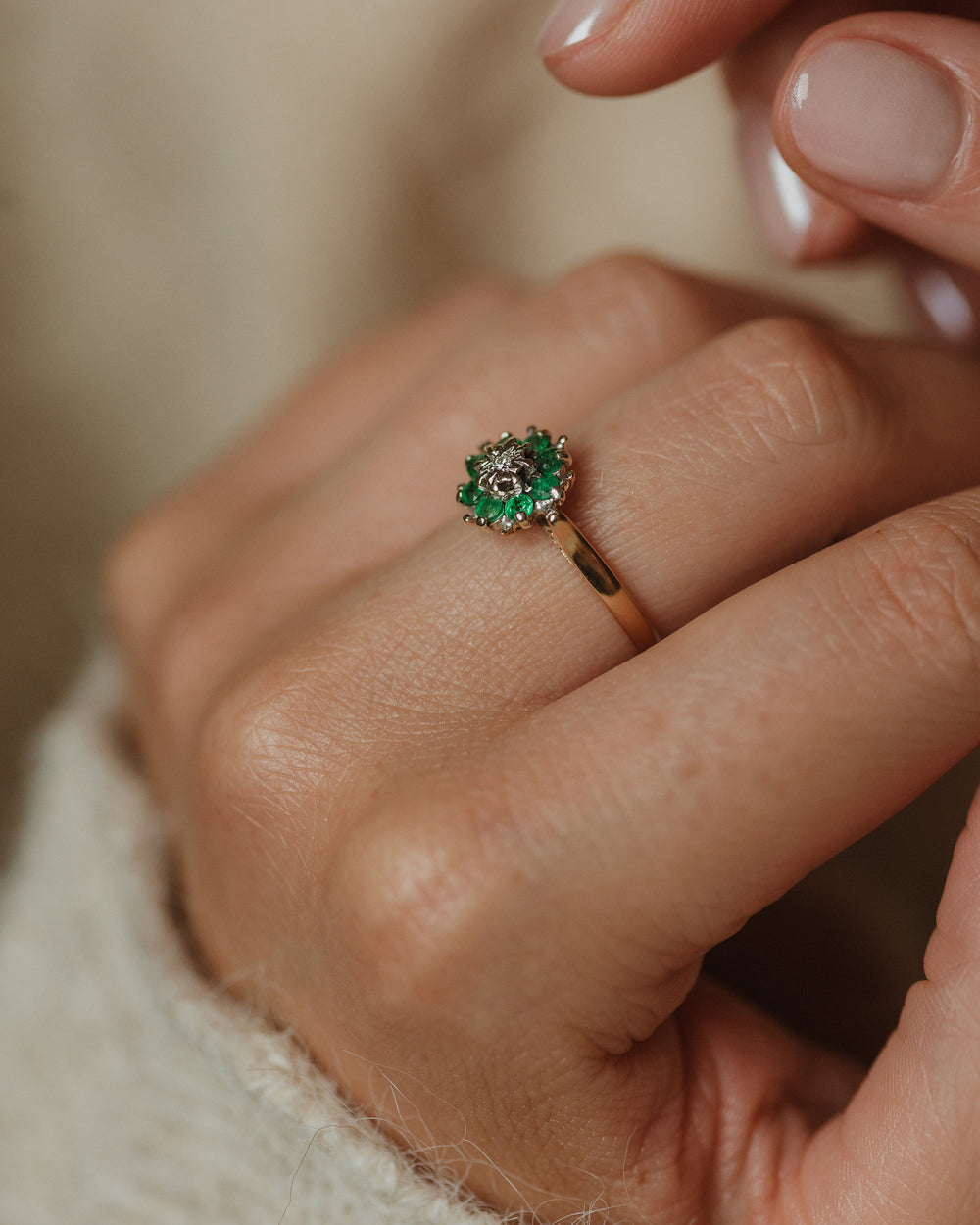 Harriet 1979 Vintage 9ct Gold Emerald & Diamond Cluster Ring