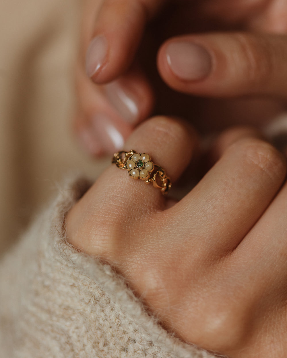 Cordie Antique Georgian 18ct Gold Emerald & Pearl Cluster Ring