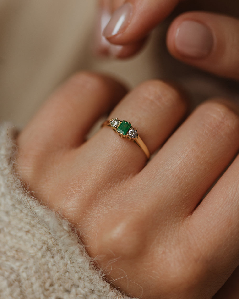 Thelma Vintage 18ct Gold Emerald & Diamond Trilogy Ring