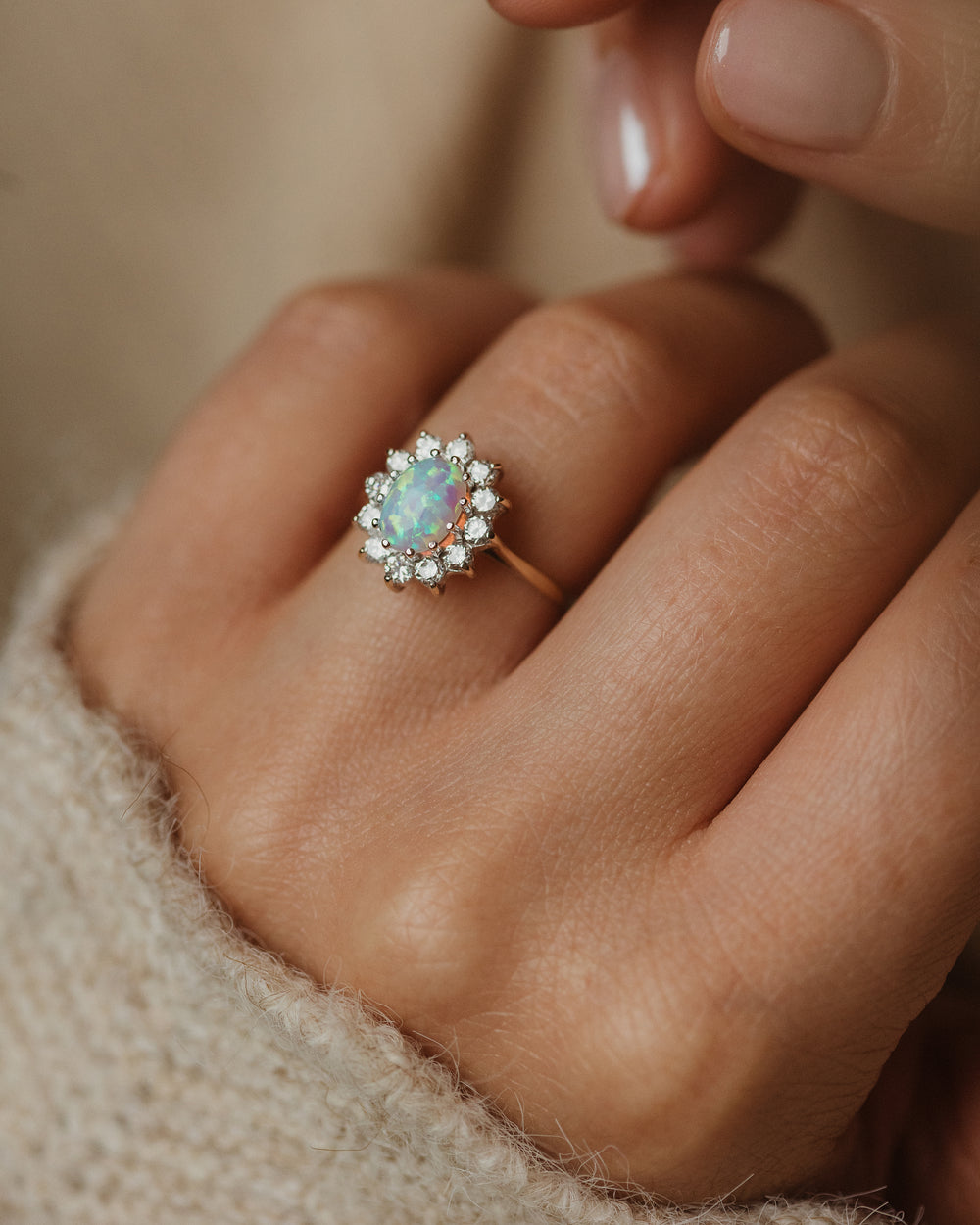 Lucy Vintage 9ct Gold Opal & CZ Cluster Flowerhead Ring