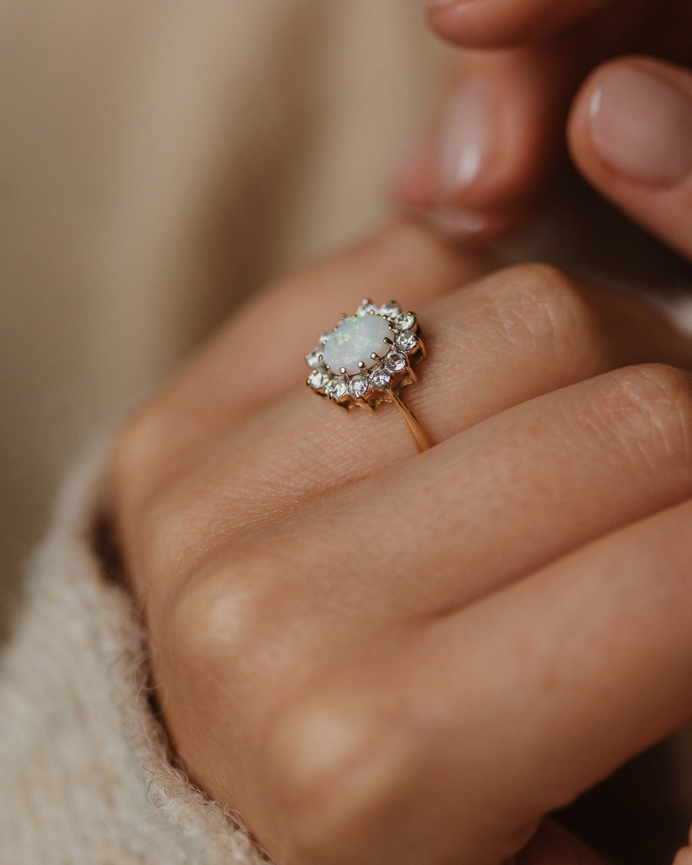 Daisy Vintage 14ct Gold Opal & CZ Cluster Flowerhead Ring