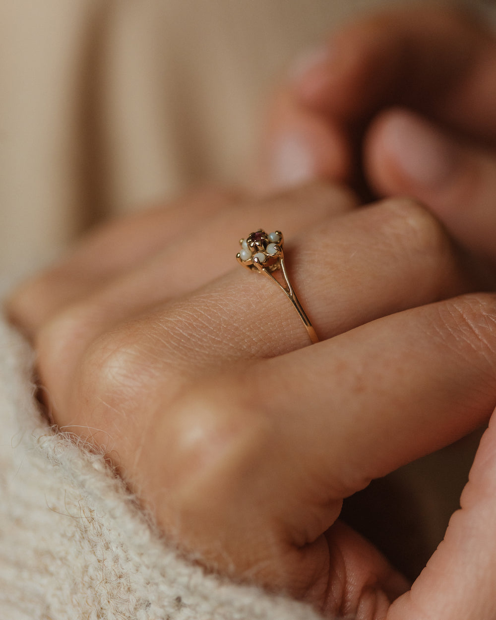 Eliza 1983 Vintage 9ct Gold Ruby & Pearl Daisy Cluster Ring