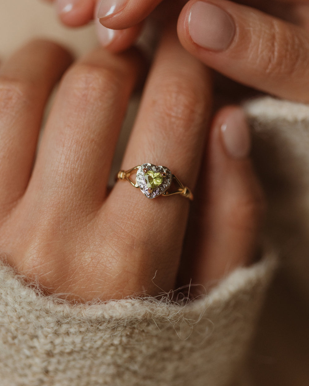 Georgianna Vintage 9ct Gold Peridot & Diamond Heart Cluster Ring