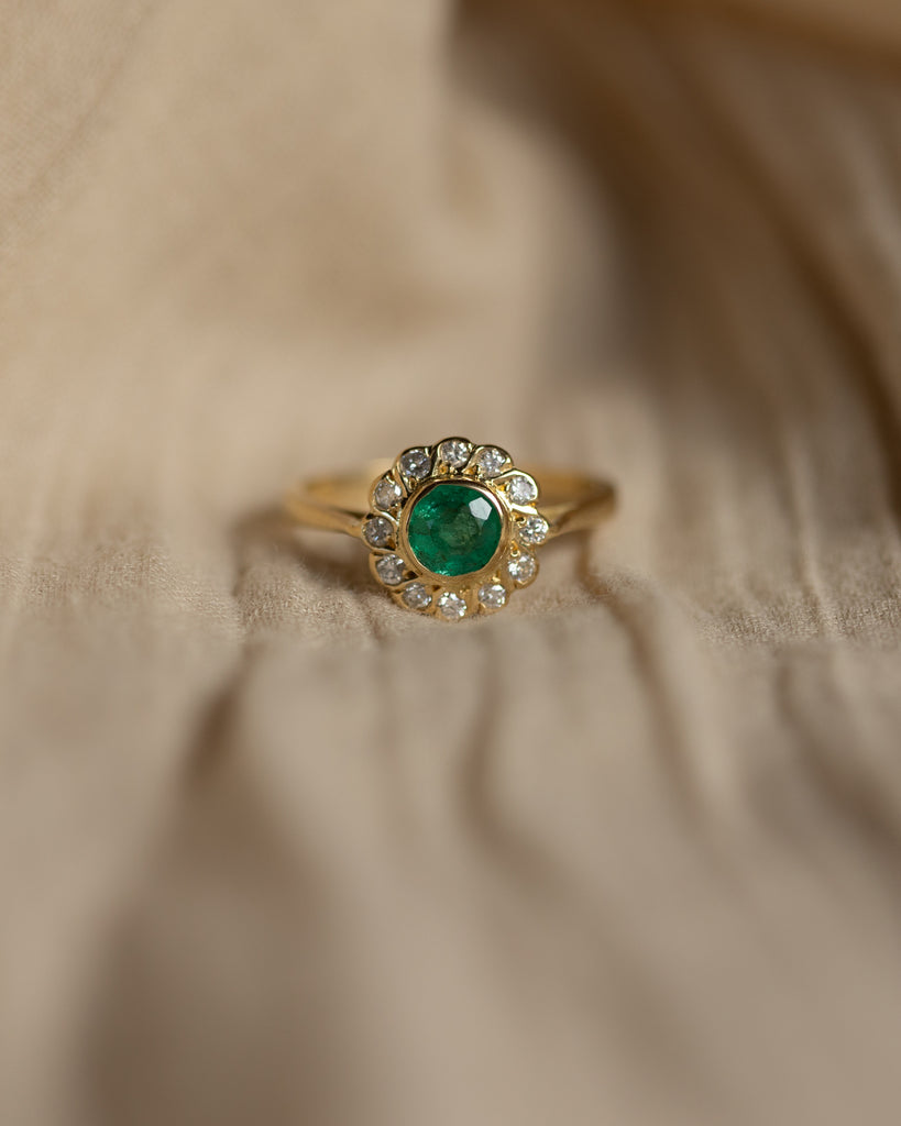 Zadie 1989 Vintage 18ct Gold Emerald & Diamond Cluster Ring