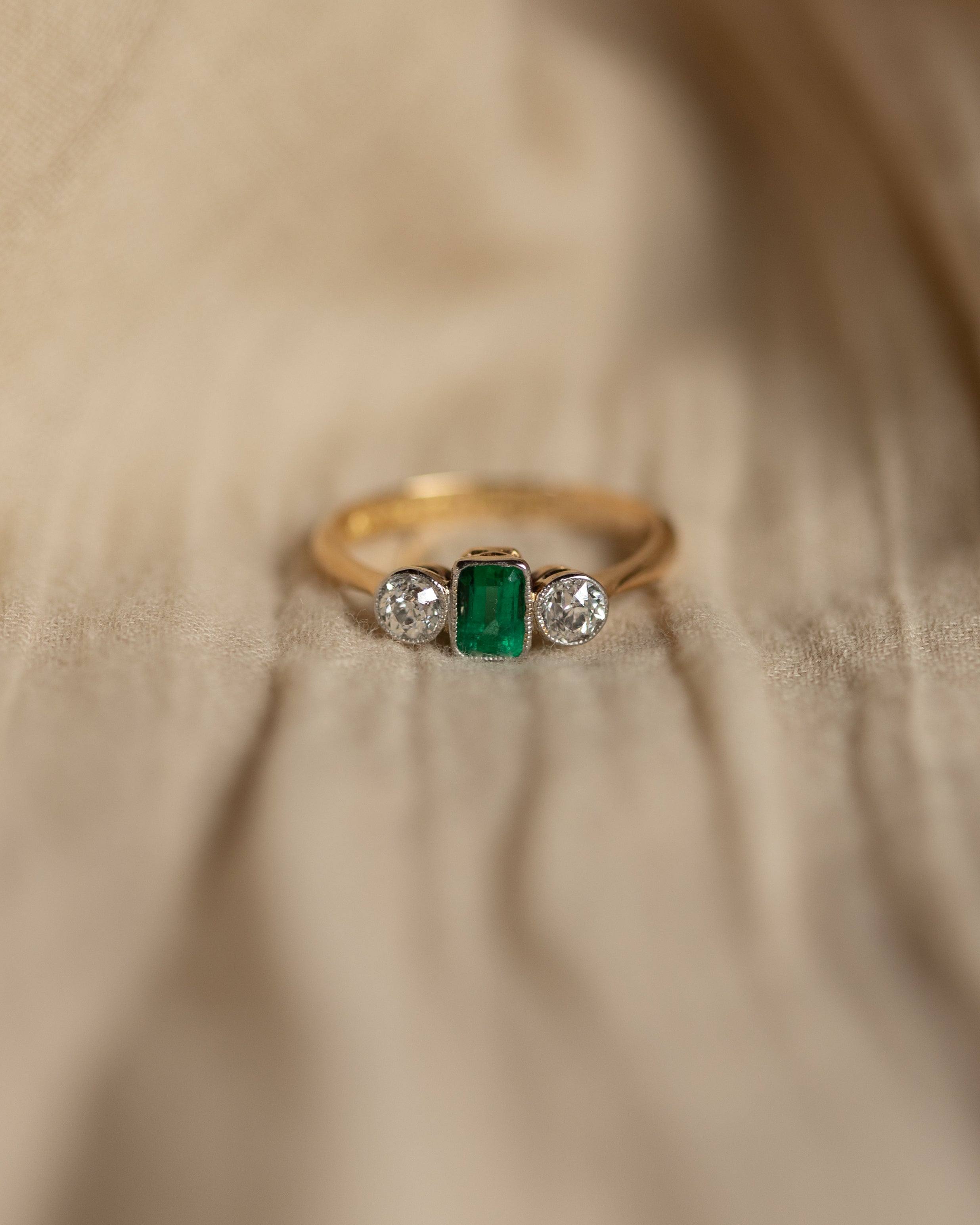 Image of Norah Antique 18ct Gold Emerald & Diamond Trilogy Ring