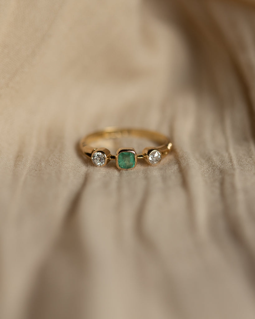 Alfreda 1911 Antique 18ct Gold Emerald & Diamond Trilogy Ring