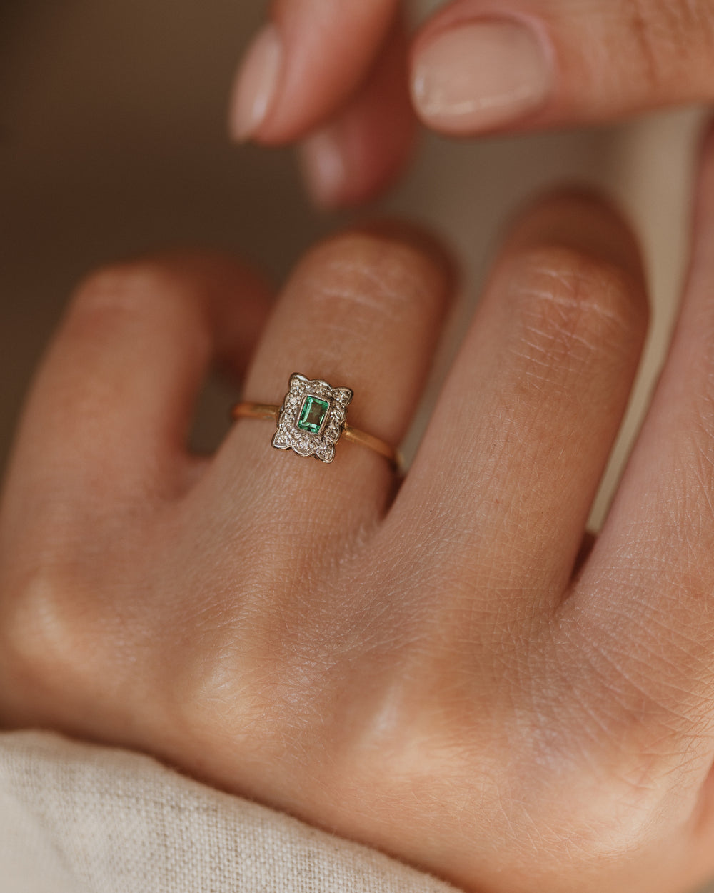 Astrid Antique 18ct Gold Emerald & Diamond Square Cluster Ring