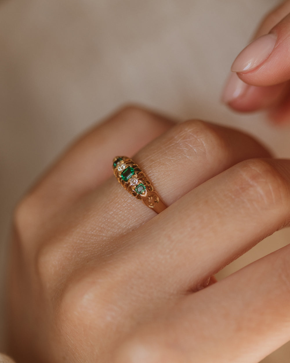 Juliette 1903 Antique 18ct Gold Green Garnet & Diamond Five Stone Ring