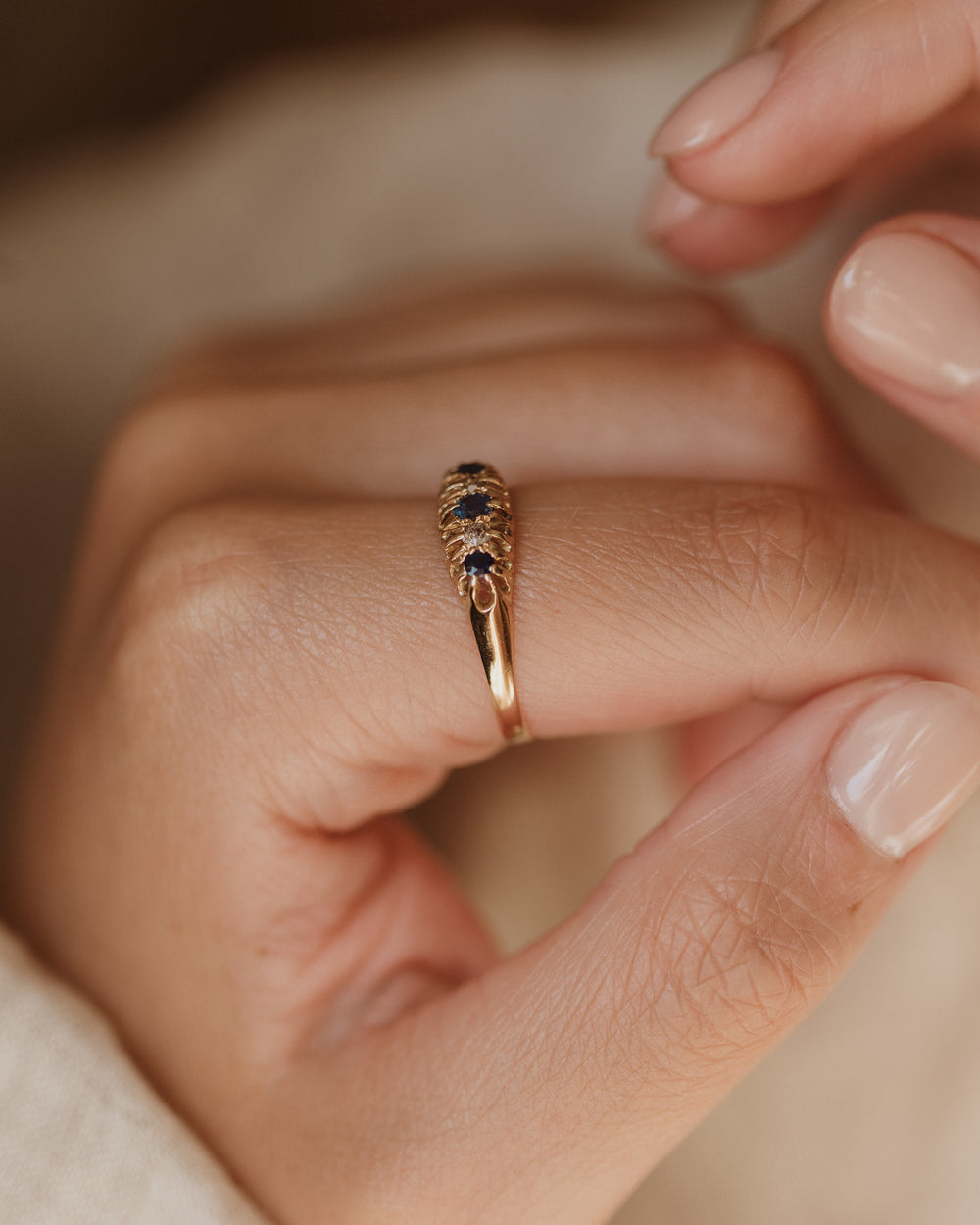 Posey Antique 18ct Gold Sapphire & Diamond Five Stone Ring