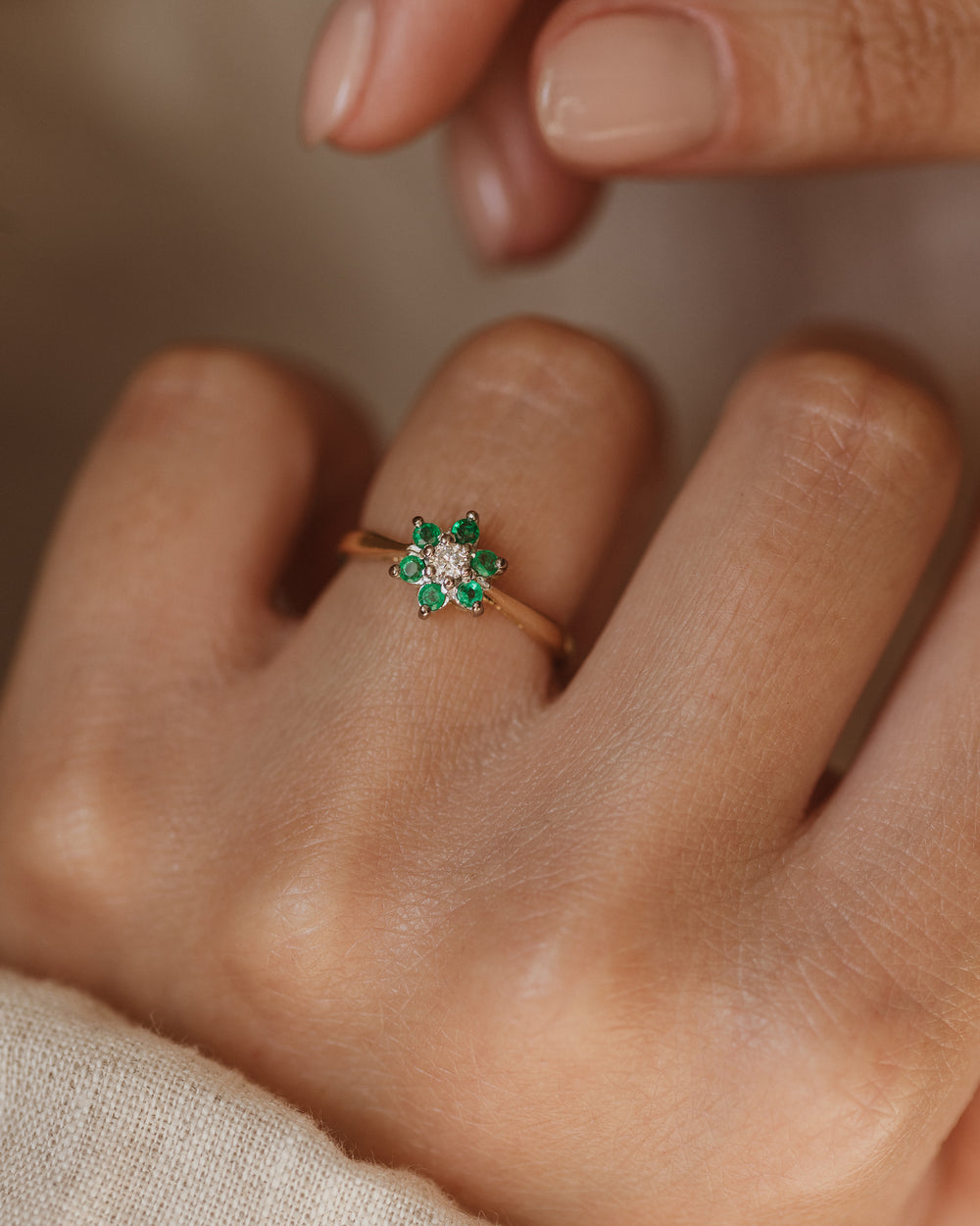 Maeve Vintage 18ct Gold Emerald & Diamond Cluster Ring