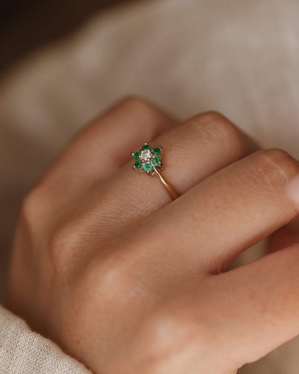 Maeve Vintage 18ct Gold Emerald & Diamond Cluster Ring