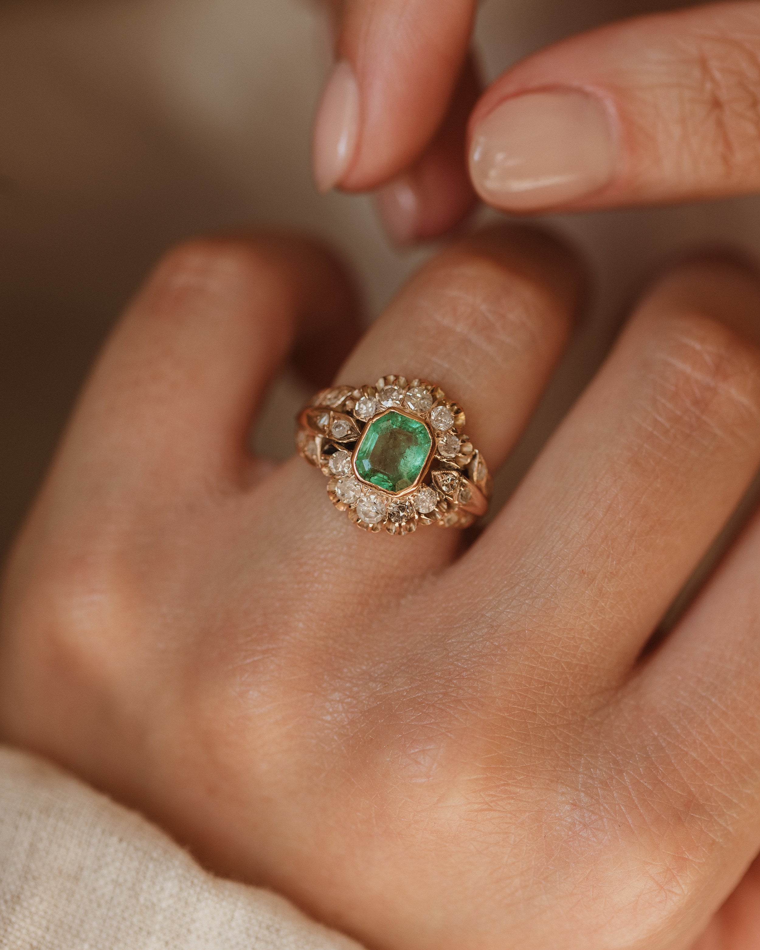 Image of Emmaline Antique 18ct Gold Emerald & Diamond Cluster Ring