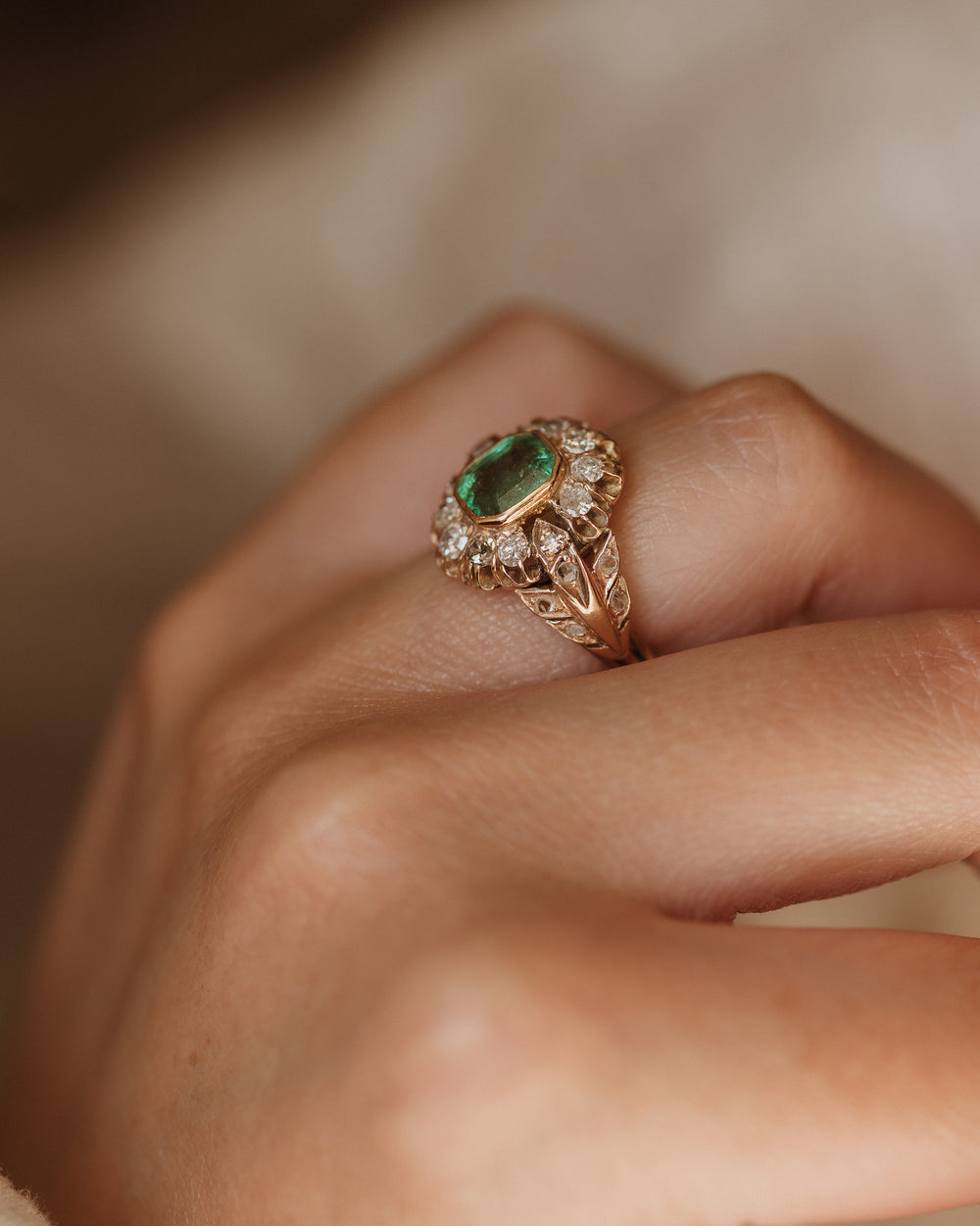Emmaline Antique 18ct Gold Emerald & Diamond Cluster Ring