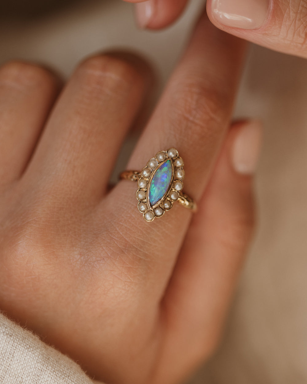 Ernestine 1898 Antique 15ct Gold Opal & Pearl Marquise Ring