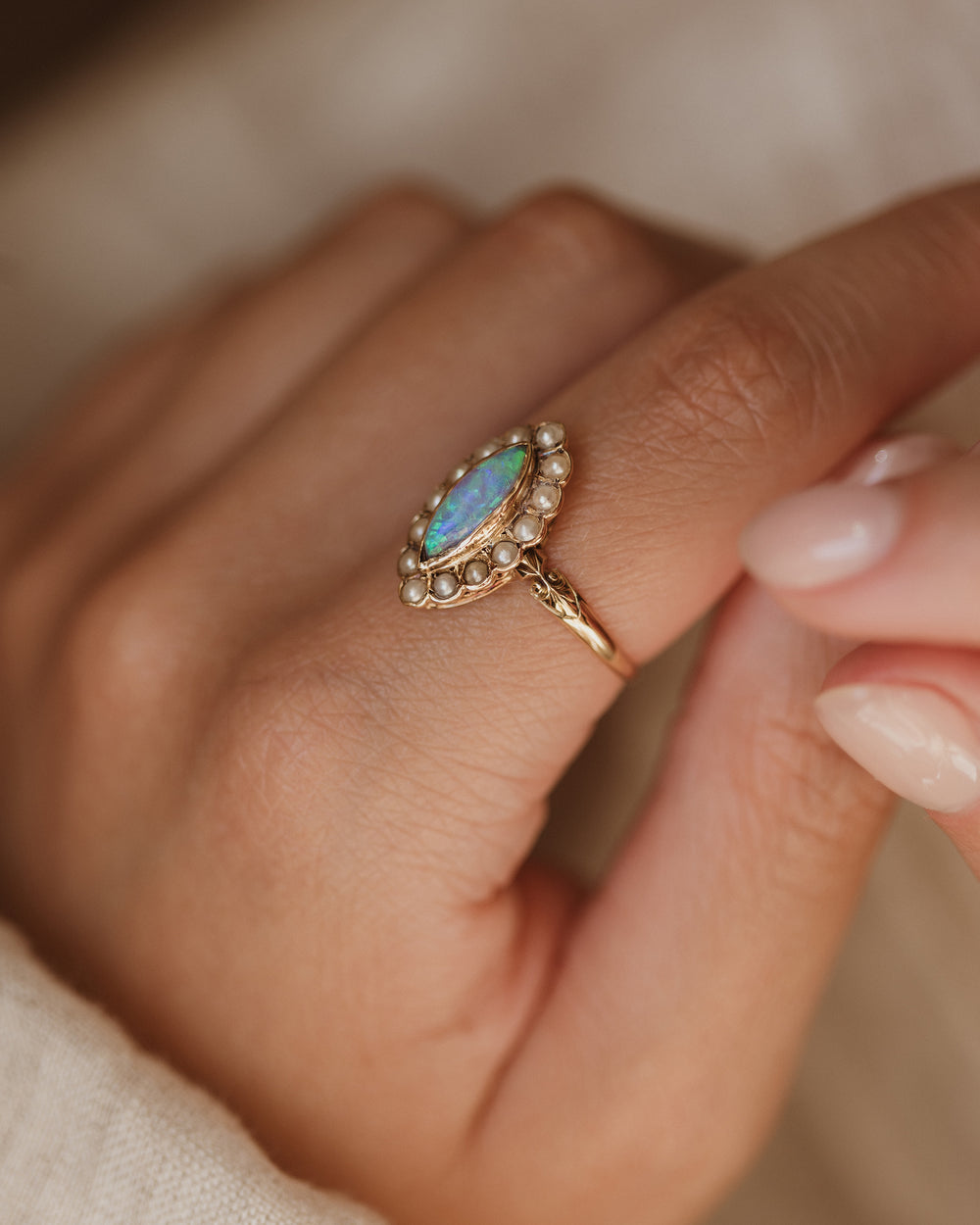 Ernestine 1898 Antique 15ct Gold Opal & Pearl Marquise Ring