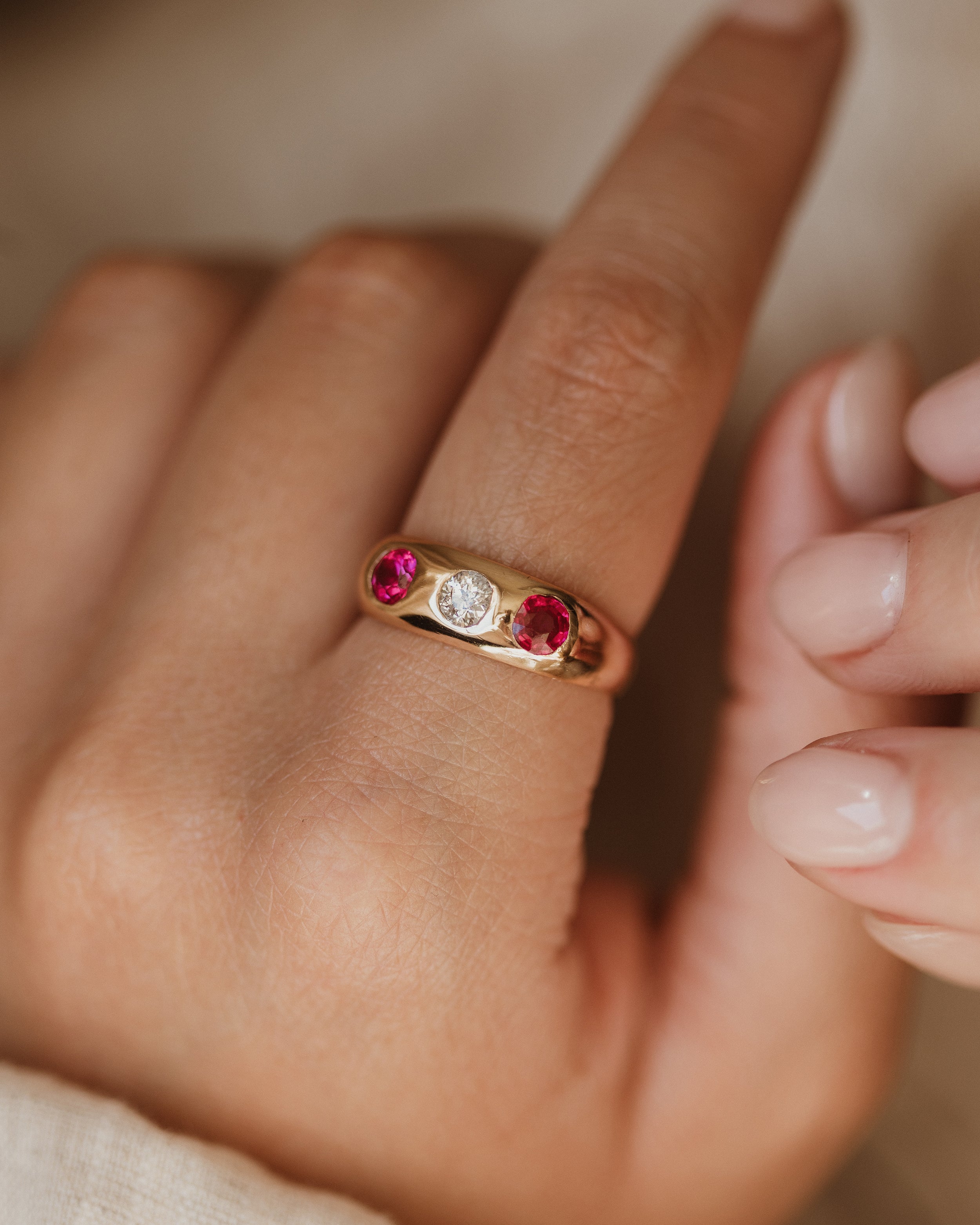 Image of Vivienne Antique 18ct Gold Ruby & Diamond Gypsy Trilogy Ring