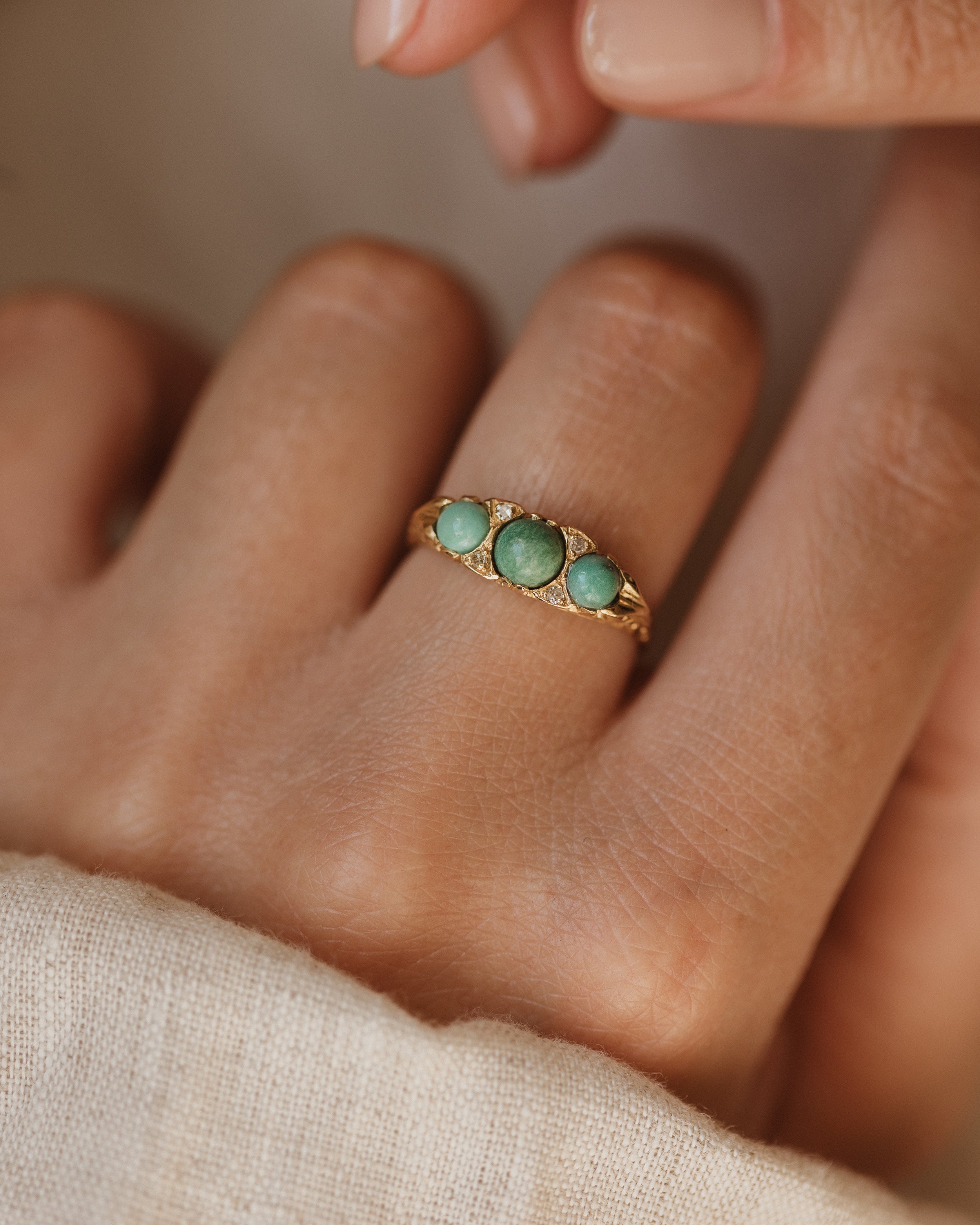 Image of Irene 1975 Vintage 18ct Gold Turquoise & Diamond Trilogy Ring