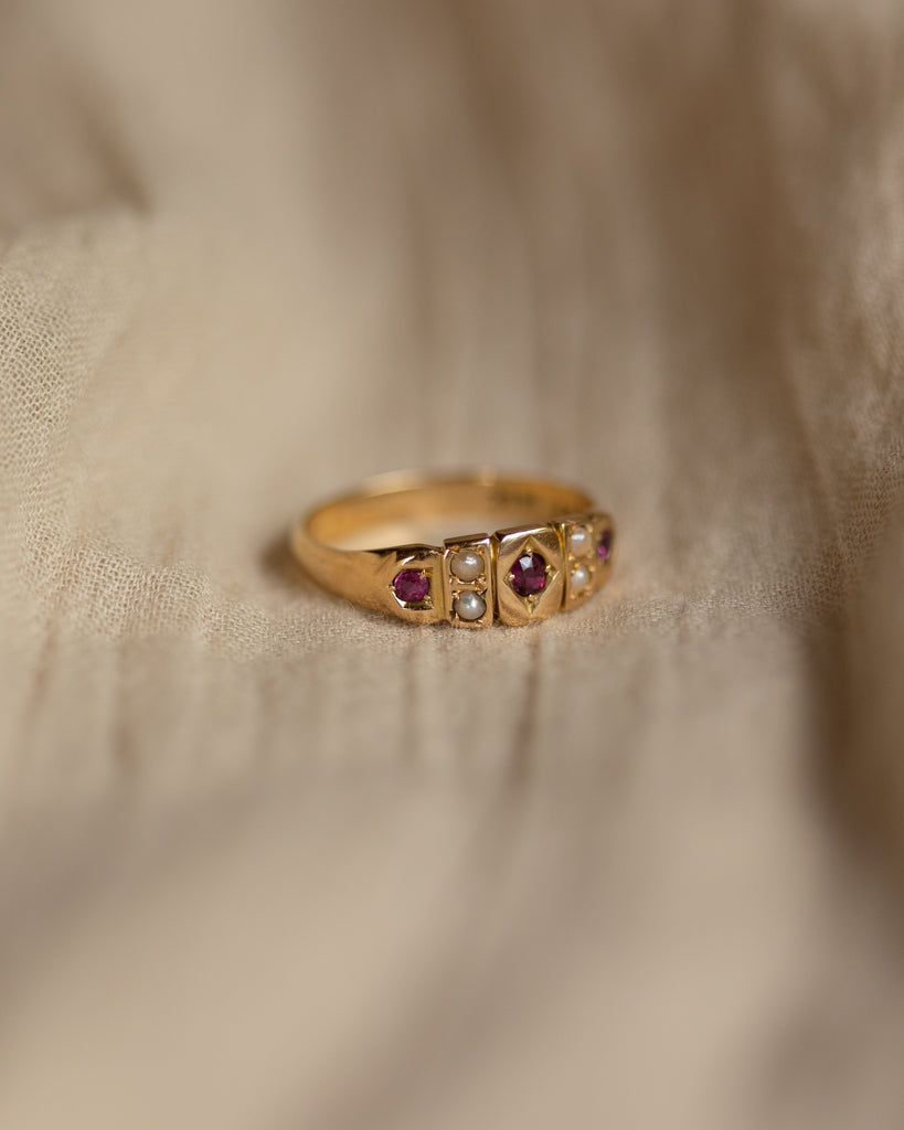 Adelaide Antique 18ct Gold Ruby & Pearl Seven Stone Ring