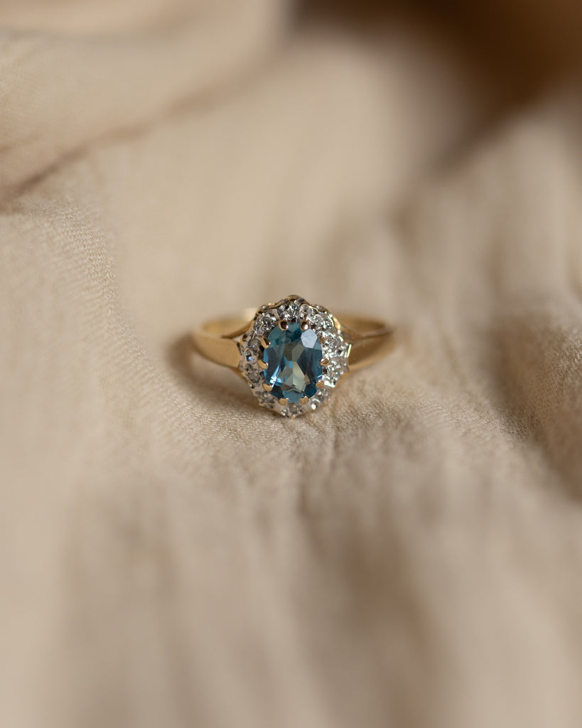 Viola 1983 Vintage 9ct Gold Blue Topaz & Diamond Cluster Ring