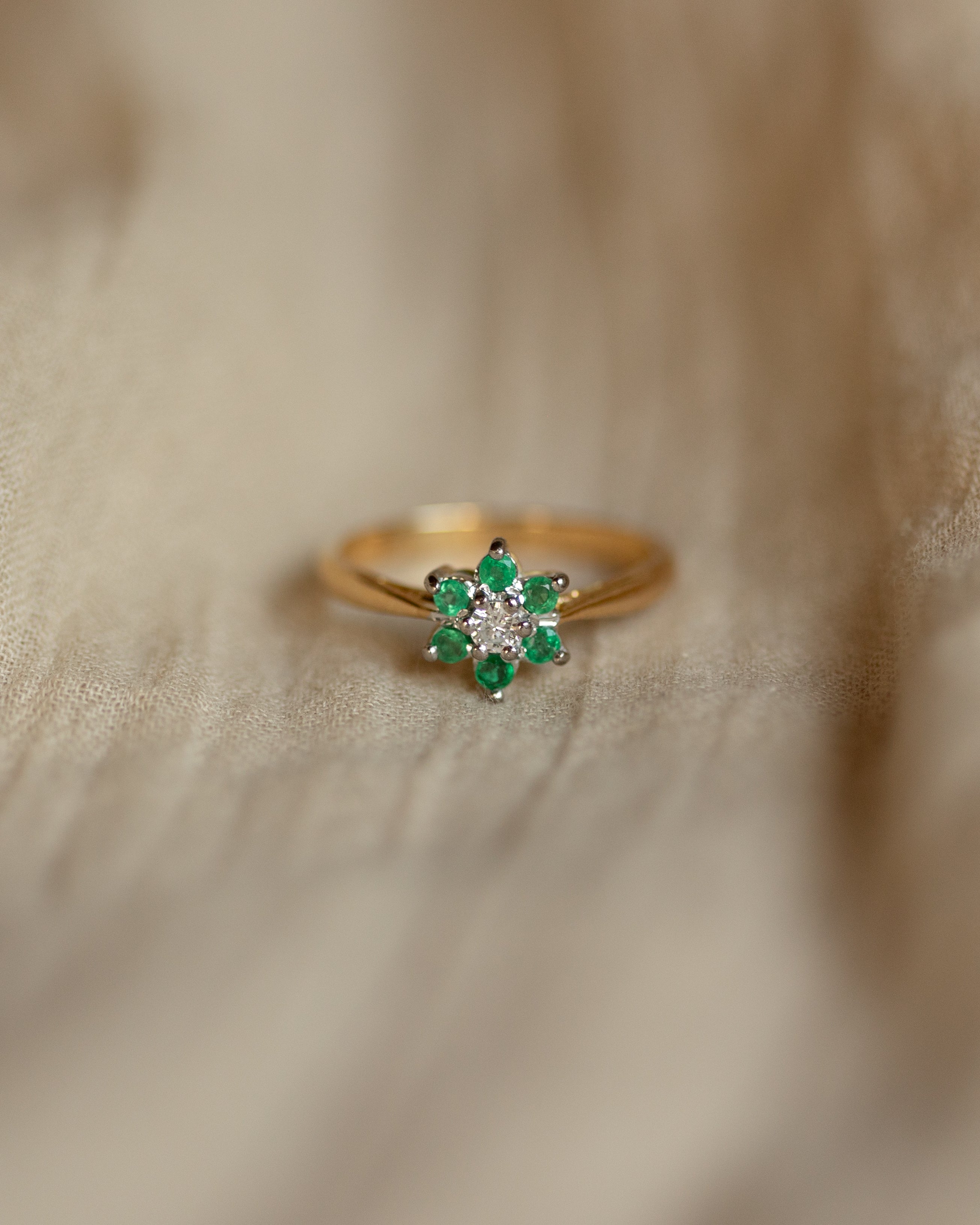 Maeve Vintage 18ct Gold Emerald & Diamond Cluster Ring