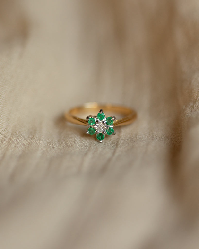 Maeve Vintage 18ct Gold Emerald & Diamond Cluster Ring