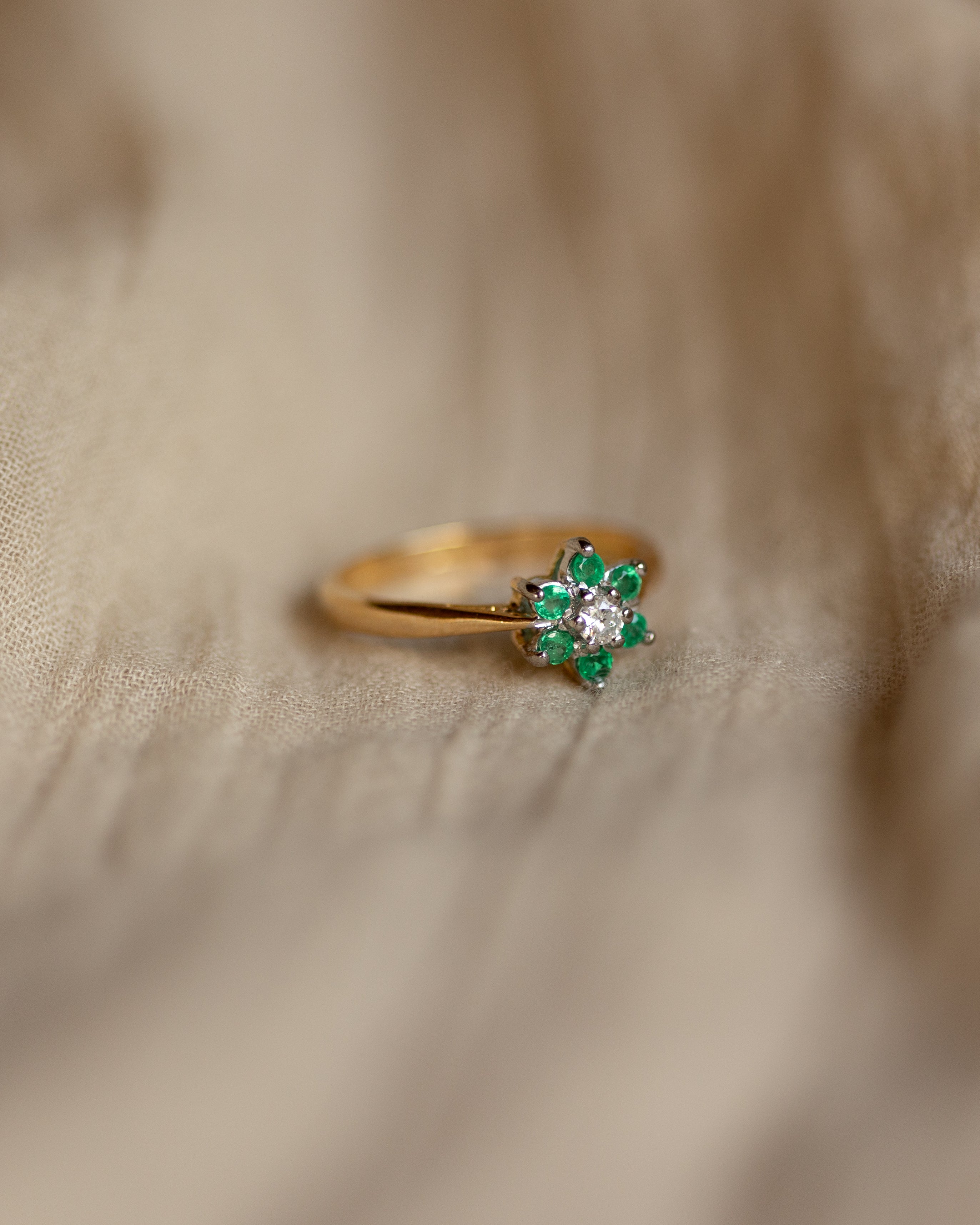 Maeve Vintage 18ct Gold Emerald & Diamond Cluster Ring