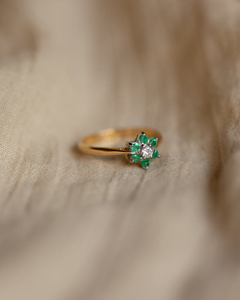 Maeve Vintage 18ct Gold Emerald & Diamond Cluster Ring