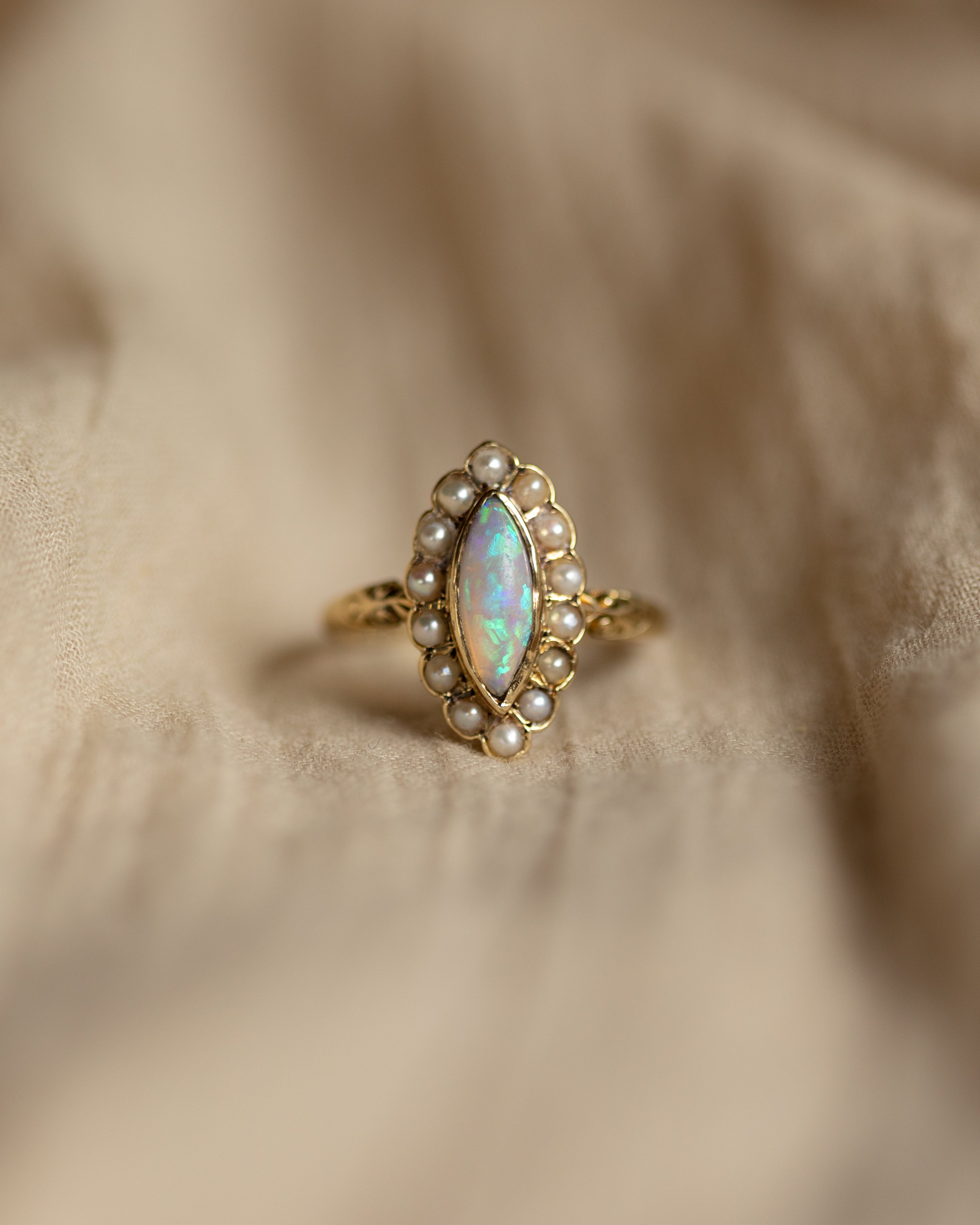 Ernestine 1898 Antique 15ct Gold Opal & Pearl Marquise Ring