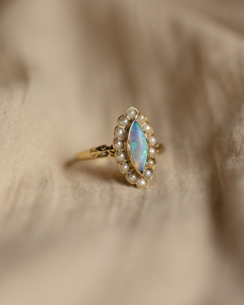 Ernestine 1898 Antique 15ct Gold Opal & Pearl Marquise Ring