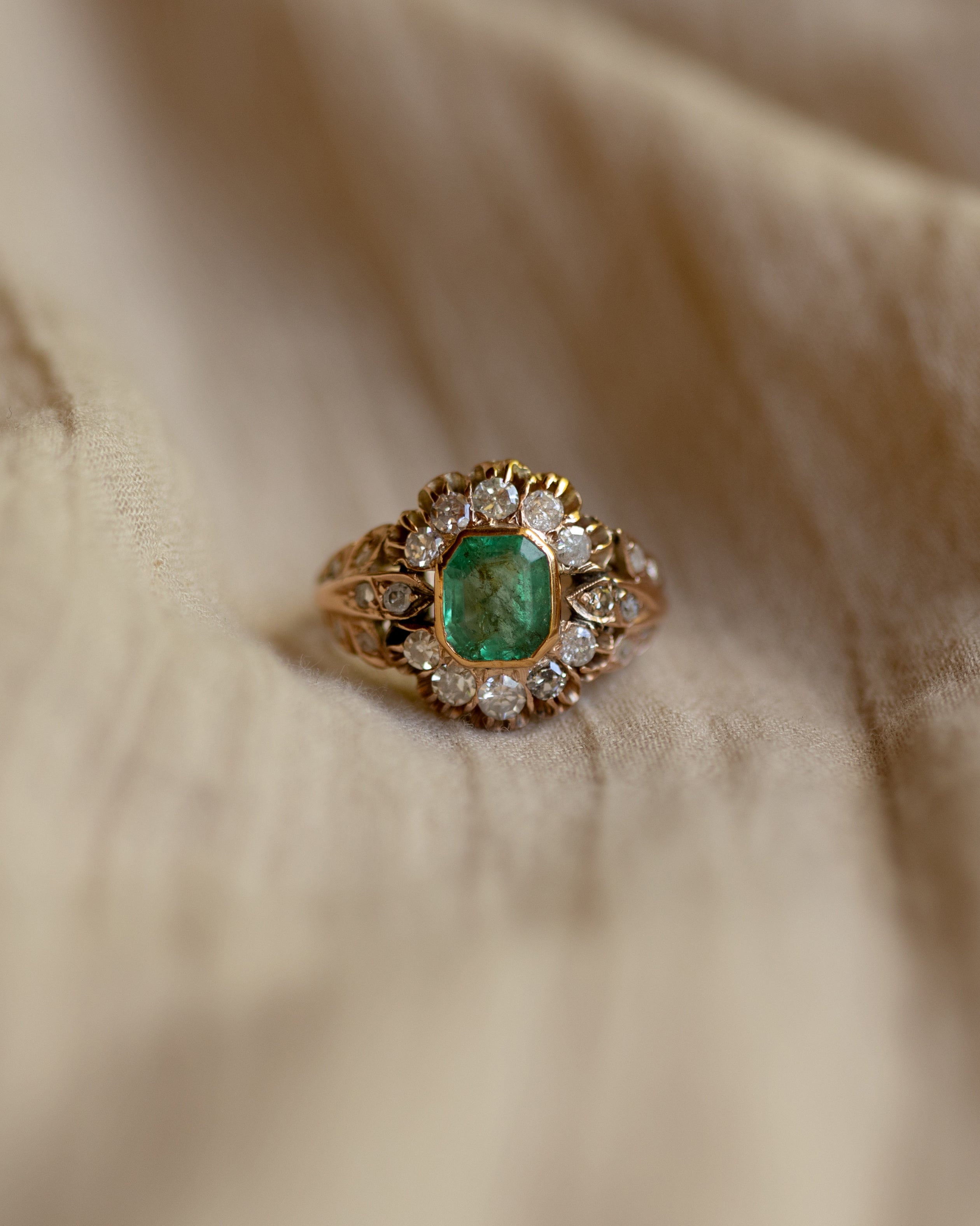 Emmaline Antique 18ct Gold Emerald & Diamond Cluster Ring