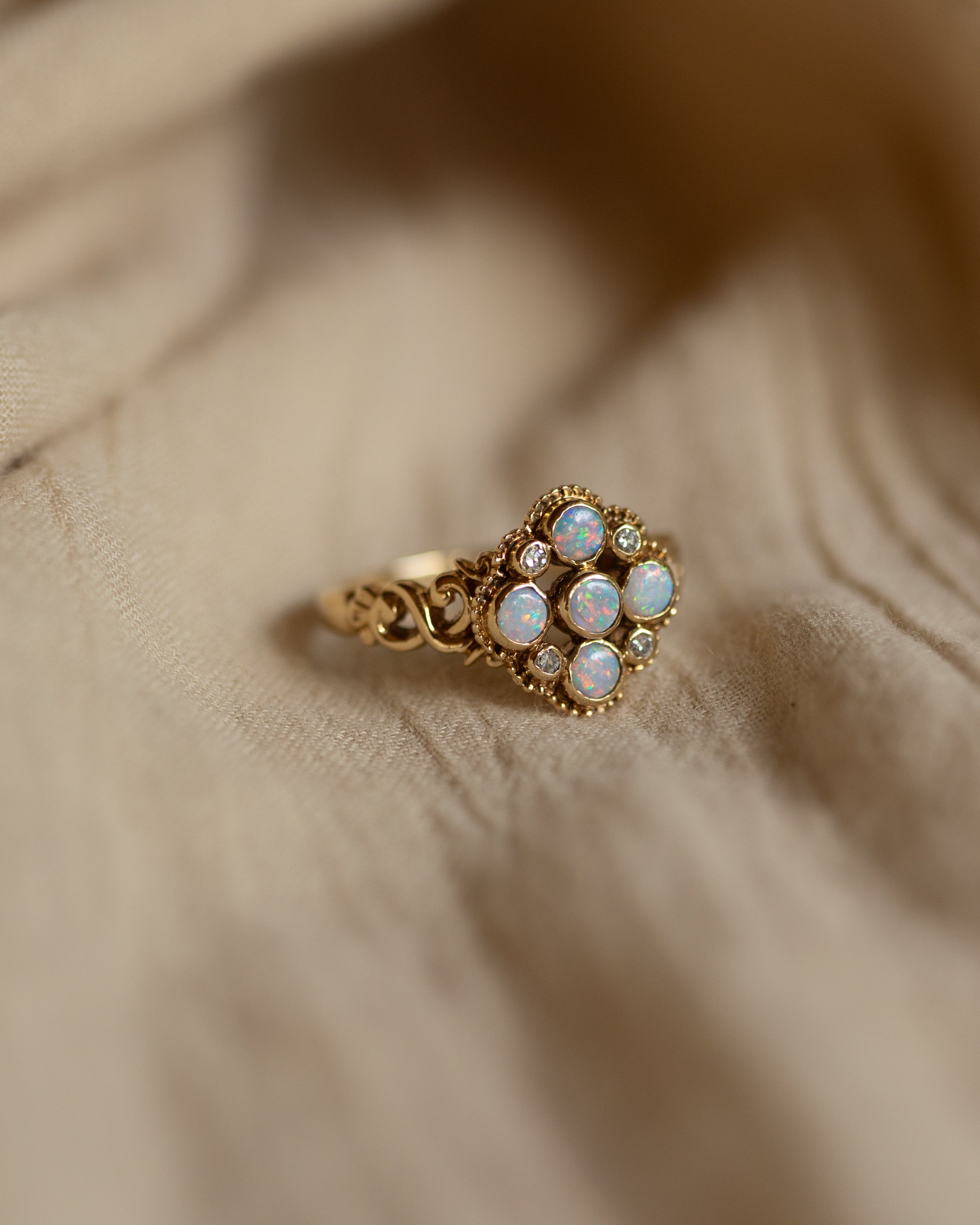 Winifred 1980 Vintage 9ct Gold Opal & Diamond Cluster Ring