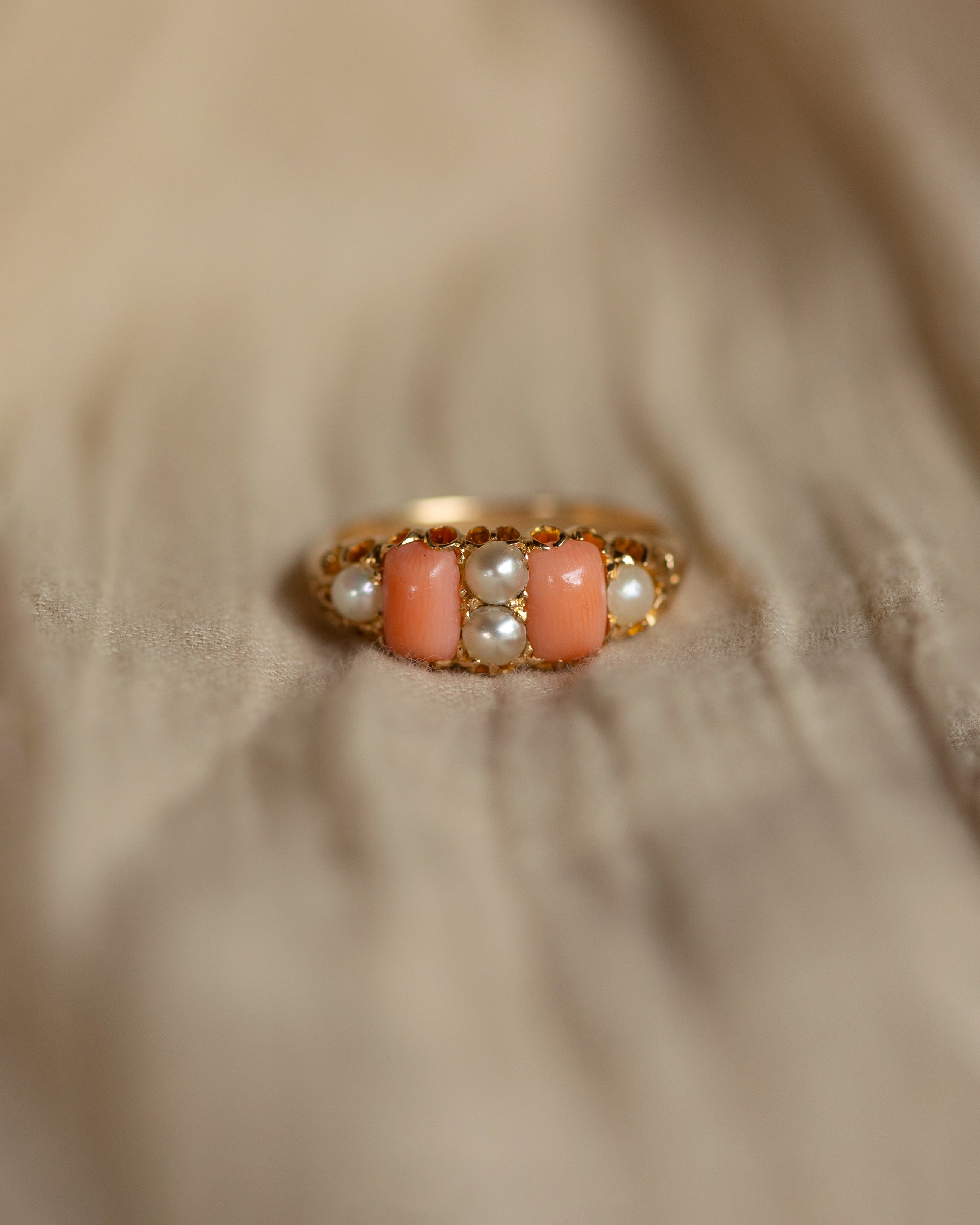 Rosamund Antique 18ct Gold Coral & Pearl Six Stone Ring