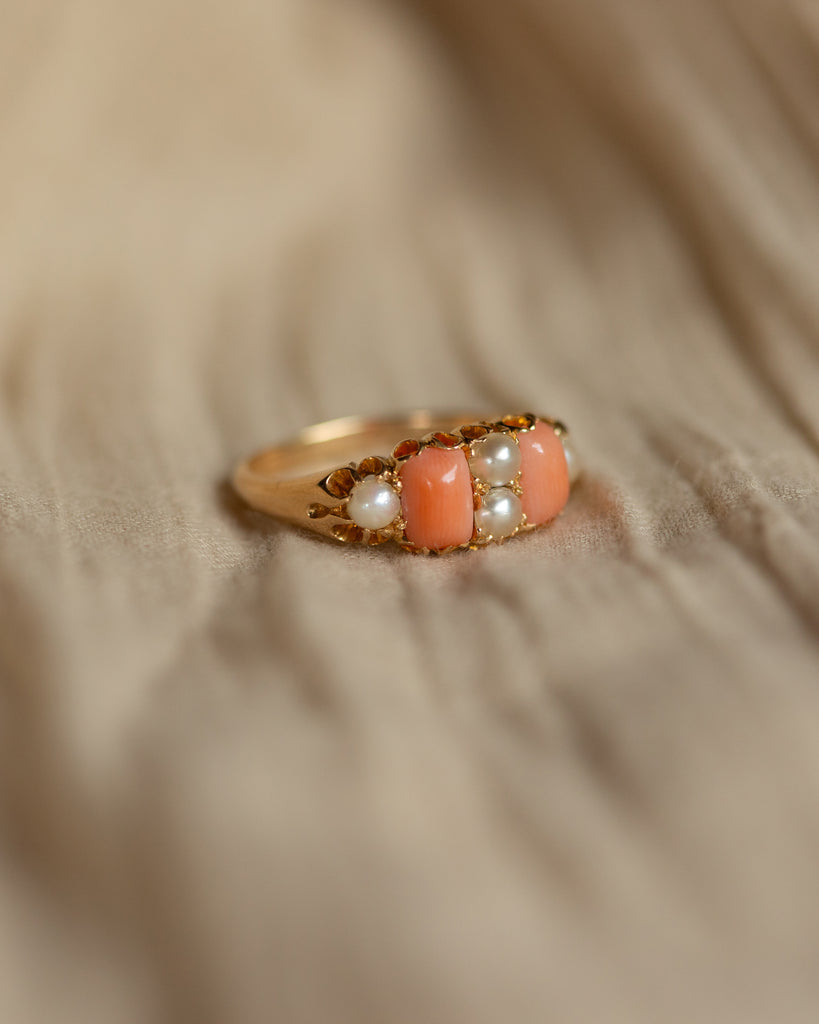 Rosamund Antique 18ct Gold Coral & Pearl Six Stone Ring