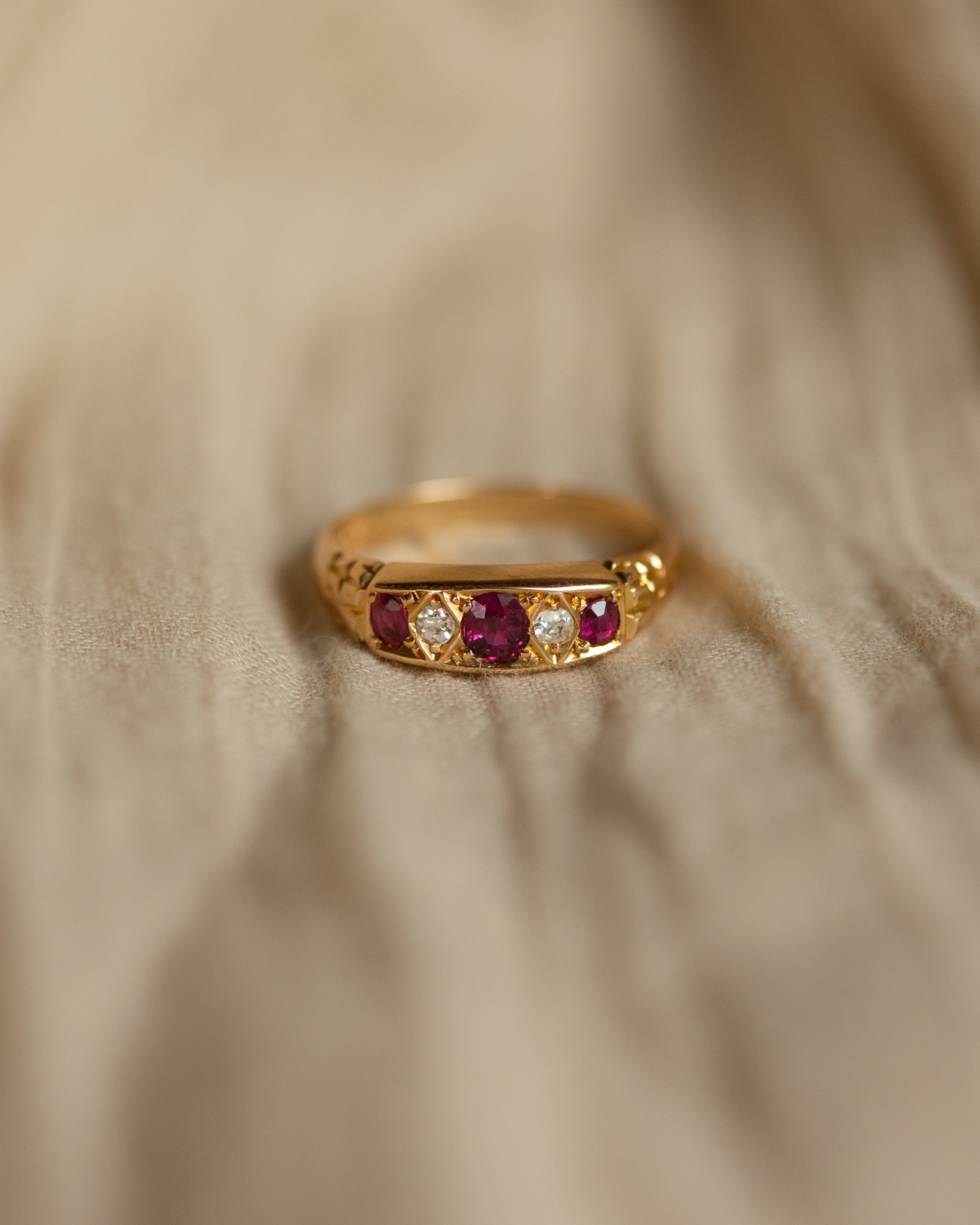 Image of Flora 1911 Antique 18ct Gold Ruby & Diamond Five Stone Ring